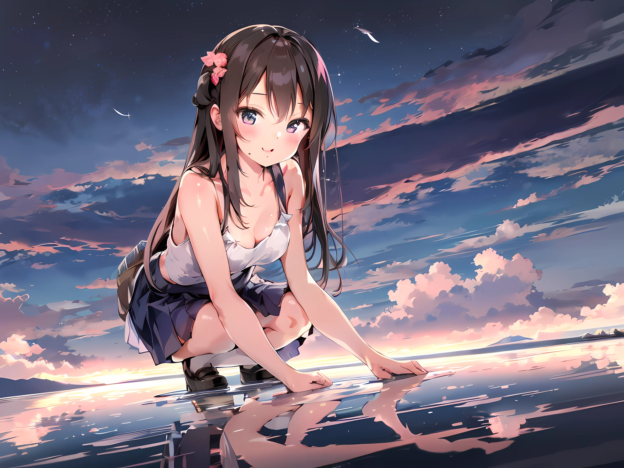 (High resolution:1.1), (absurderes:1.1), Best Quality, Ultra high definition, The highest resolution, Very detailed, Anime, 1girl in, anmi, Cute Girl, Salar de Uyuni, Reflected water surface, From diagonally forward