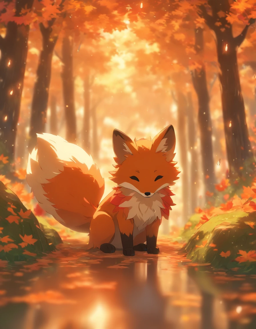 (best quality,4k,8k,highres,masterpiece:1.2),ultra-detailed, lots of mapple leaf falling,colorful autumn scene,lonely fox,cute fox,autumn forest,fox wearing cloak made of maple leaves,hiding fox,root of a tree,rainy day,serene atmosphere,maple trees,fall foliage,beautifully colored fox,dark green and orange leaves,peaceful environment,natural lighting,soft raindrops,leaves on the ground,gentle mist,flickering sunlight through the trees,majestic tree trunks,quiet solitude,magical atmosphere