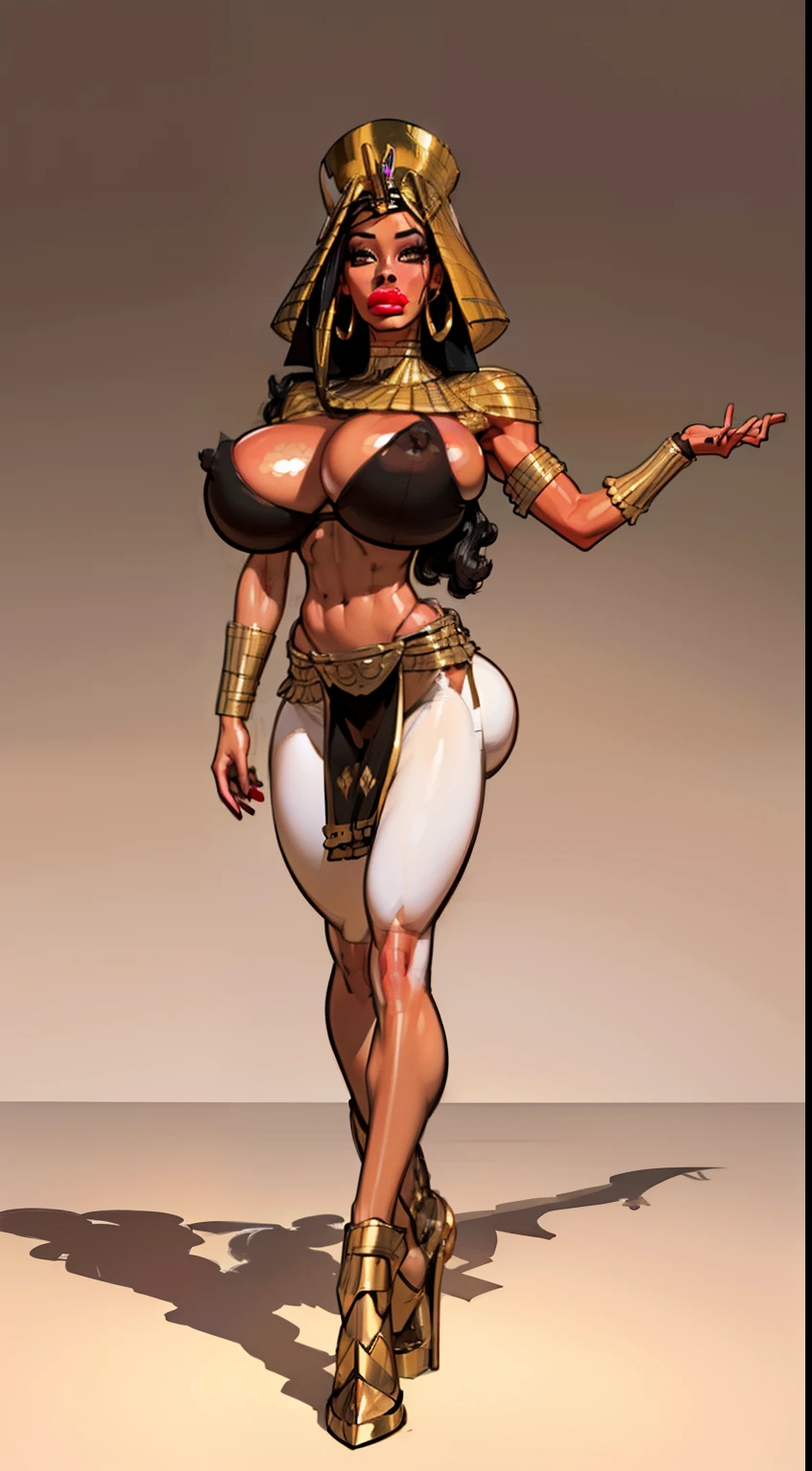 ((masterpiece)),(((best quality))),((character design sheet)), ((full body view)) ((Egyptian queen) mature face, ((Nemes:1.4)), defined cheekbones, high cheekbones, illustration, muscular, ((gold:1.4)), sexy bimbo, (gigantic breasts:1.7) black hair, ((detailed face:1.4)) beautiful woman, (Egyptian:1.4) (((black skin:1.4))) , (red lipstick:1.4), shiny skin, scribbles and marks,(puffy lips:1.4) , rough sketches, pose, 8k,16k, (simple background, white background: 1.3) beige color palette, black legs, black arms, ((brown face))