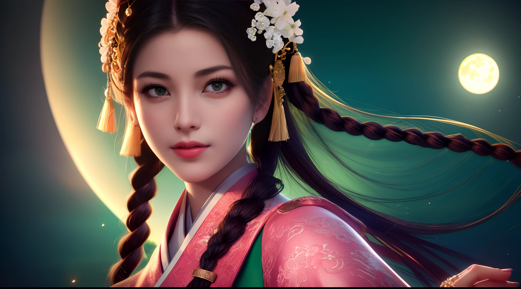bestquality, masterpiece, nighttime, full moon, 1 girl, mature woman, chinese style, ancient china, sister, Sister of the Empire, smile, dark-brown hair, dark hair, princess cut, a Fried Dough Twists braid, Coiled hair, double ball head, light pink lips, calm, intellectual, Medium Hair, green eyes, hairpin, hydrangea, fine face, facial close-up, hand close-up, Green Clothes,Exquisite Face,upon_body,photorealistic portrait, rim lighting, two tone light,(highly detailed skin:1.2), 10 UHD, DSLR, gentle lighting, High Quality, volumetric light, Photograph, high-res, 10, 10, bokeh