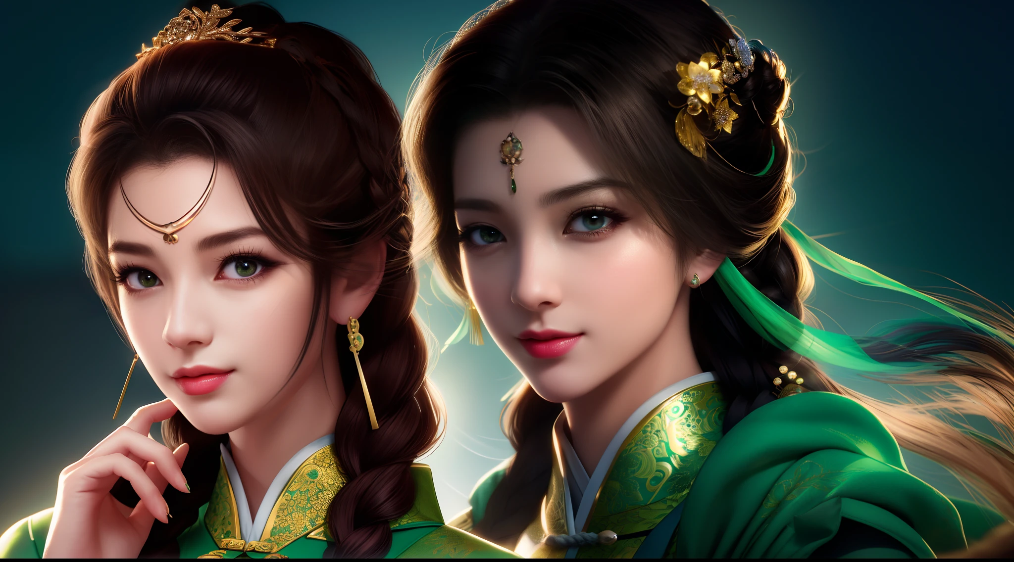 bestquality, masterpiece, nighttime, full moon, 1 girl, mature woman, chinese style, ancient china, sister, Sister of the Empire, smile, dark-brown hair, dark hair, princess cut, a Fried Dough Twists braid, Coiled hair, double ball head, light pink lips, calm, intellectual, Medium Hair, green eyes, hairpin, hydrangea, fine face, facial close-up, hand close-up, Green Clothes,Exquisite Face,upon_body,photorealistic portrait, rim lighting, two tone light,(highly detailed skin:1.2), 10 UHD, DSLR, gentle lighting, High Quality, volumetric light, Photograph, high-res, 10, 10, bokeh