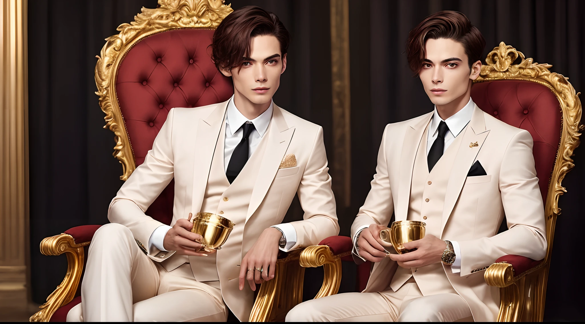Imagen realista de 2 personas. Slim androgynous man, cabello largo liso y rubio que le cubre la mitad del rostro, ojos miel, facciones suaves y femeninas, labios rosados, He wears a fine champagne-colored suit without a tie and heels, He is seated on a golden throne and holding a cup of tea. His assistant is a darker man, Tall and athletic with short dark hair and brown eyes, usa un traje gris plomo, rostro muy masculino