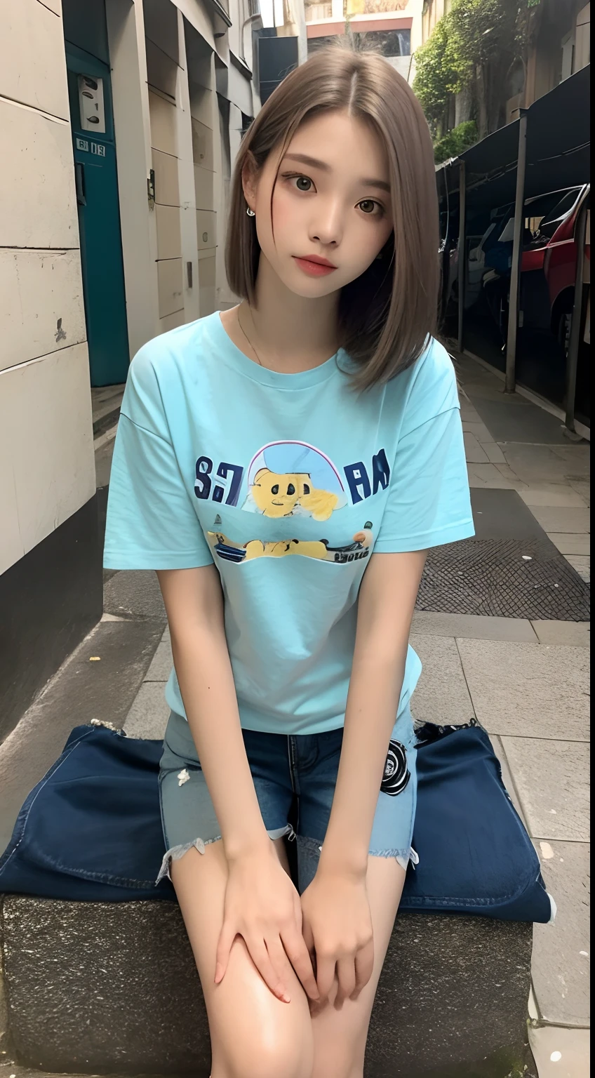 Garota bonita,  18 anos, coreana, pale skinned,  cabelo azul , curto com franja, roupa casual, camiseta,  saia preta, cena de fundo rua