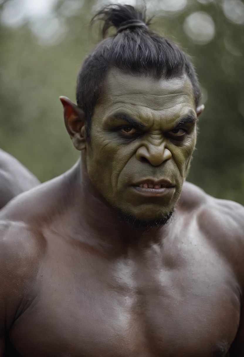 Meio-orc, pele cinza, Intimidation look, raiva, olhas amarelos, imagem de rosto