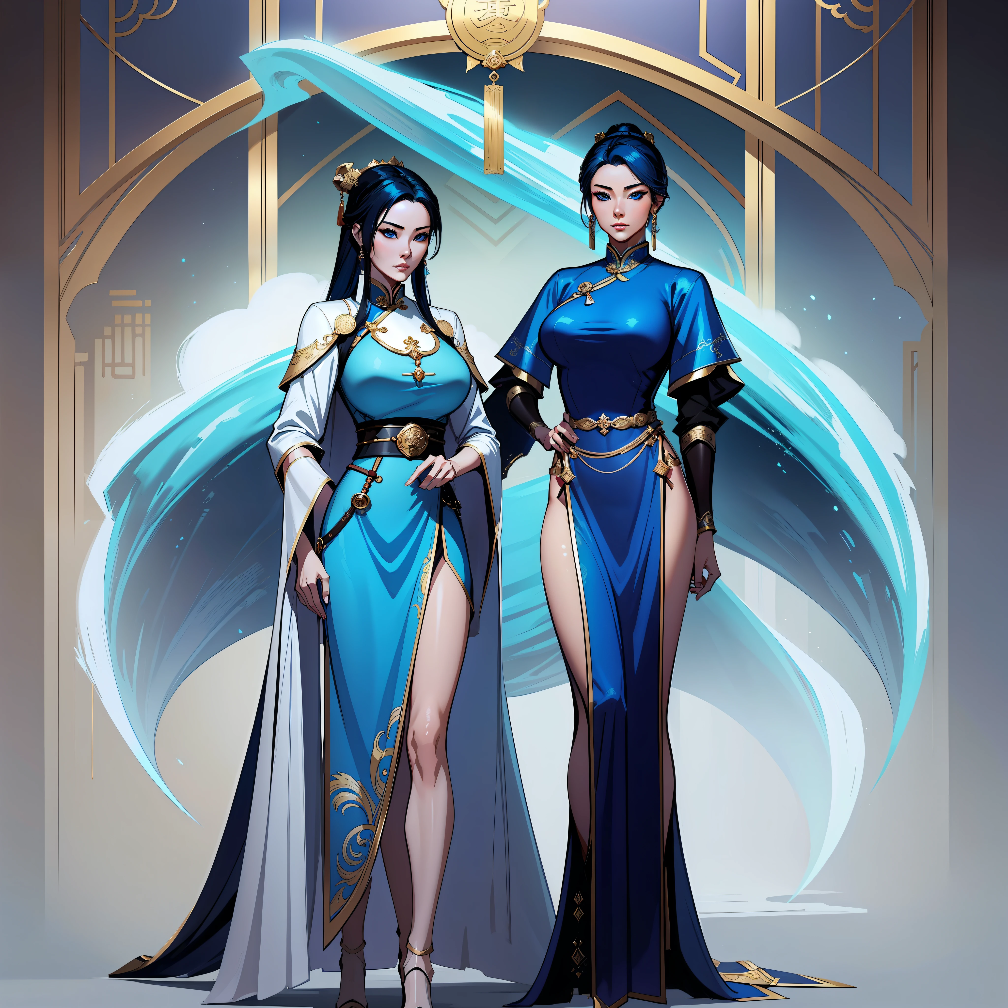 a close up of a short woman in her 30's, with blue eyes and ocean blue hair, wearing a blue and black gown dress, a chinese empress with blue eyes, female swordswoman, chinese princess, standing in a chinese temple, new costume concept design, in the style of blade and soul, full body character concept, detailed character design, inspired by Yang Jin, inspired by Li Mei-Shu, lunar themed attire, costume with gold accents, inspired by Ju Lian, colored concept art, highly detailed character design, highly detailed face, inspired by Ai Xuan, very highly detailed face, unreal engine render, final fantasy 14 style