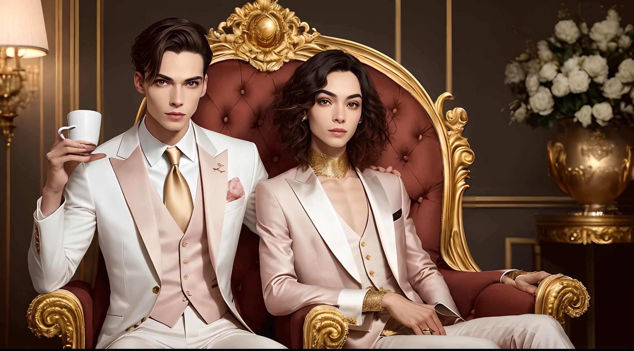 Imagen realista de 2 personas. Slim androgynous man, cabello largo liso y rubio que le cubre la mitad del rostro, ojos miel, facciones suaves y femeninas, labios rosados, He wears a fine champagne-colored suit without a tie and heels, He is seated on a golden throne and holding a cup of tea. His assistant is a darker man, Tall and athletic with short dark hair and brown eyes, usa un traje gris plomo, rostro muy masculino