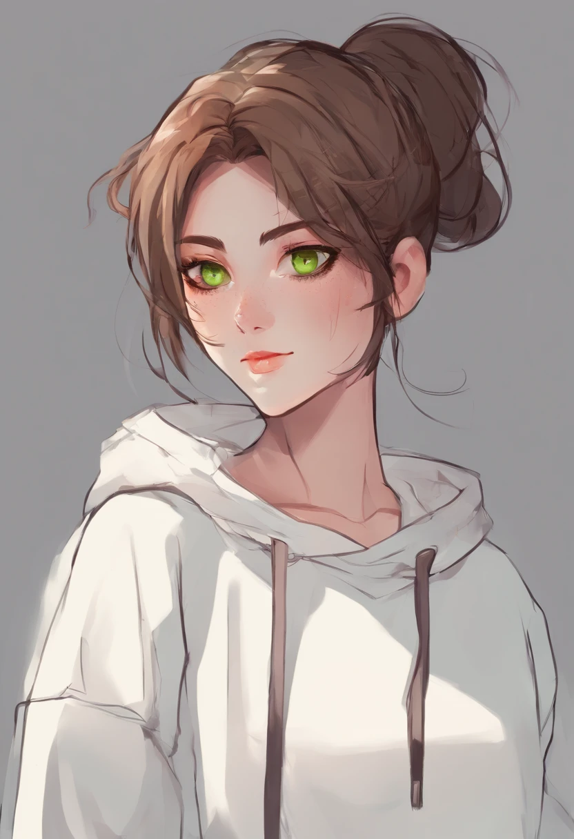 Brown hair anime girl, bun and green eyes face portrait. White sweatshirt