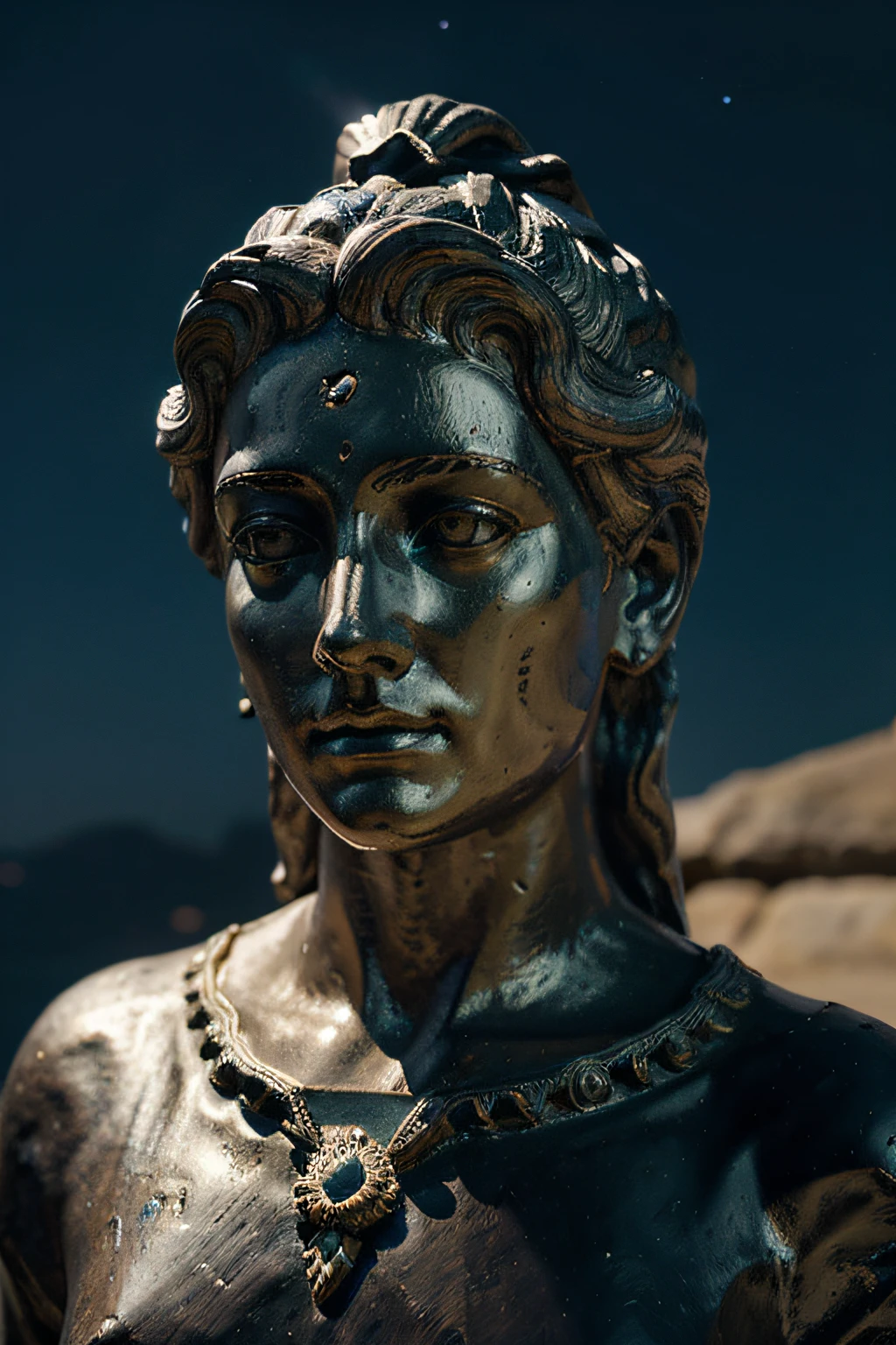 Por favor, Create a high-resolution image of a statue depicting an ancient Stoic focusing on the face and bust of the statue. This statue should be a vivid representation of wisdom and deep thinking.

The statue should be carved in exquisite detail, capturando as linhas do rosto, The expression of the eyes and the distinctive features of the Stoic. Cada ruga e dobra do rosto devem refletir a passagem do tempo e a sabedoria acumulada.

O fundo da imagem deve ser escuro, evocando uma noite estrelada. The starry night sky should be filled with bright stars and offer a sense of depth and mystery. The lighting on the statue should enhance its features, criando um contraste impressionante com o fundo estrelado.

As cores da imagem devem ser profissionais, with a balance of tones that enhance the expression and serenity of the statue. The image should convey a cinematic atmosphere that inspires contemplation and reflection.

Certifique-se de que cada detalhe, from the facial features of the statue to the stars in the sky, Be represented accurately and clearly. This image should evoke a sense of deep wisdom and introspection, Capturing the essence of Stoicism.