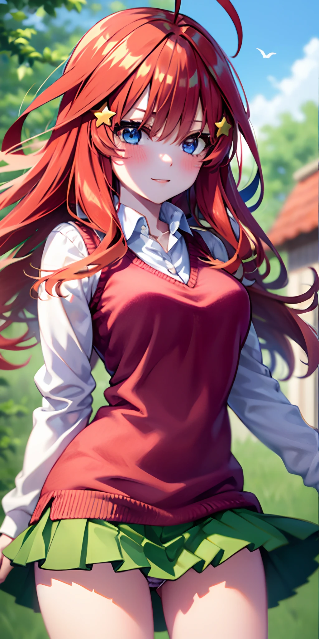 2D, masutepiece, Best Quality, Anime, Highly detailed, 1girl in, Solo, Cowboy Shot, Itsuki Nakano, Red hair, Long hair, Star hair ornament, Ahoge, Red Sweater, Collared shirt, Green skirt, very short pleated miniskirt, medium breasts, Standing, School, Outdoors, seductive smile, blush,skirt lift by yourself,pigeon-toed, showing panties, floating hair, wind,