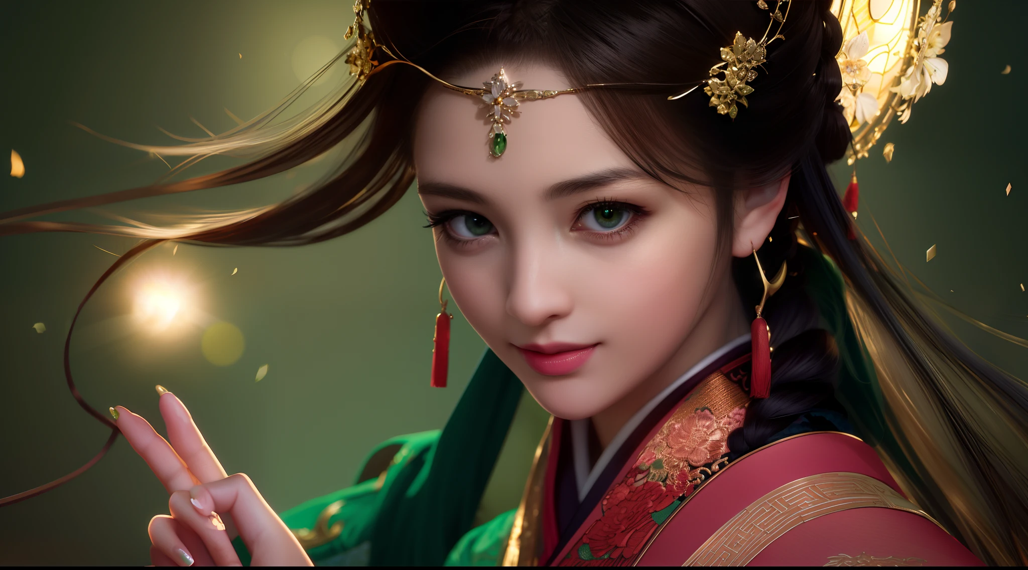 bestquality, masterpiece, nighttime, full moon, 1 girl, mature woman, chinese style, ancient china, sister, Sister of the Empire, smile, dark-brown hair, dark hair, princess cut, a Fried Dough Twists braid, Coiled hair, double ball head, light pink lips, calm, intellectual, Medium Hair, green eyes, hairpin, hydrangea, fine face, facial close-up, hand close-up, Green Clothes,Exquisite Face,upon_body,photorealistic portrait, rim lighting, two tone light,(highly detailed skin:1.2), 10 UHD, DSLR, gentle lighting, High Quality, volumetric light, Photograph, high-res, 10, 10, bokeh
