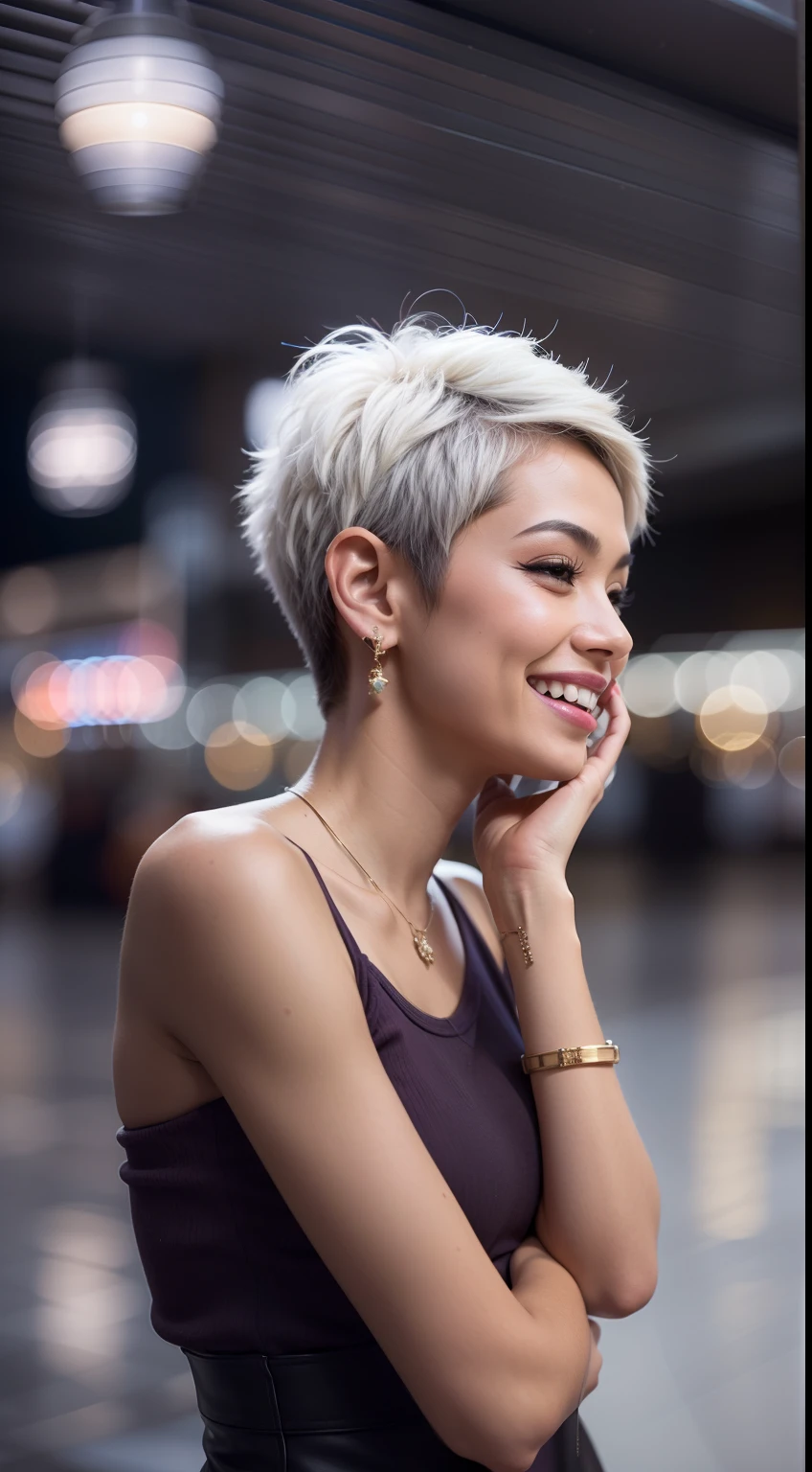 Malay girl, very short white hair, pixie cut hair, wear Artsy style outfit, laughing and posing with hand on head, touching her own head, wear handbag, from back view, windy, detail skin, age spot, detail skin texture, mole below eyes, small breast, flat chest, wide hips, small waists, thick thighs, slim, beautiful body, nighttime, laughing, happy, bright lighting, location: mall, blur background, bokeh, 8k,