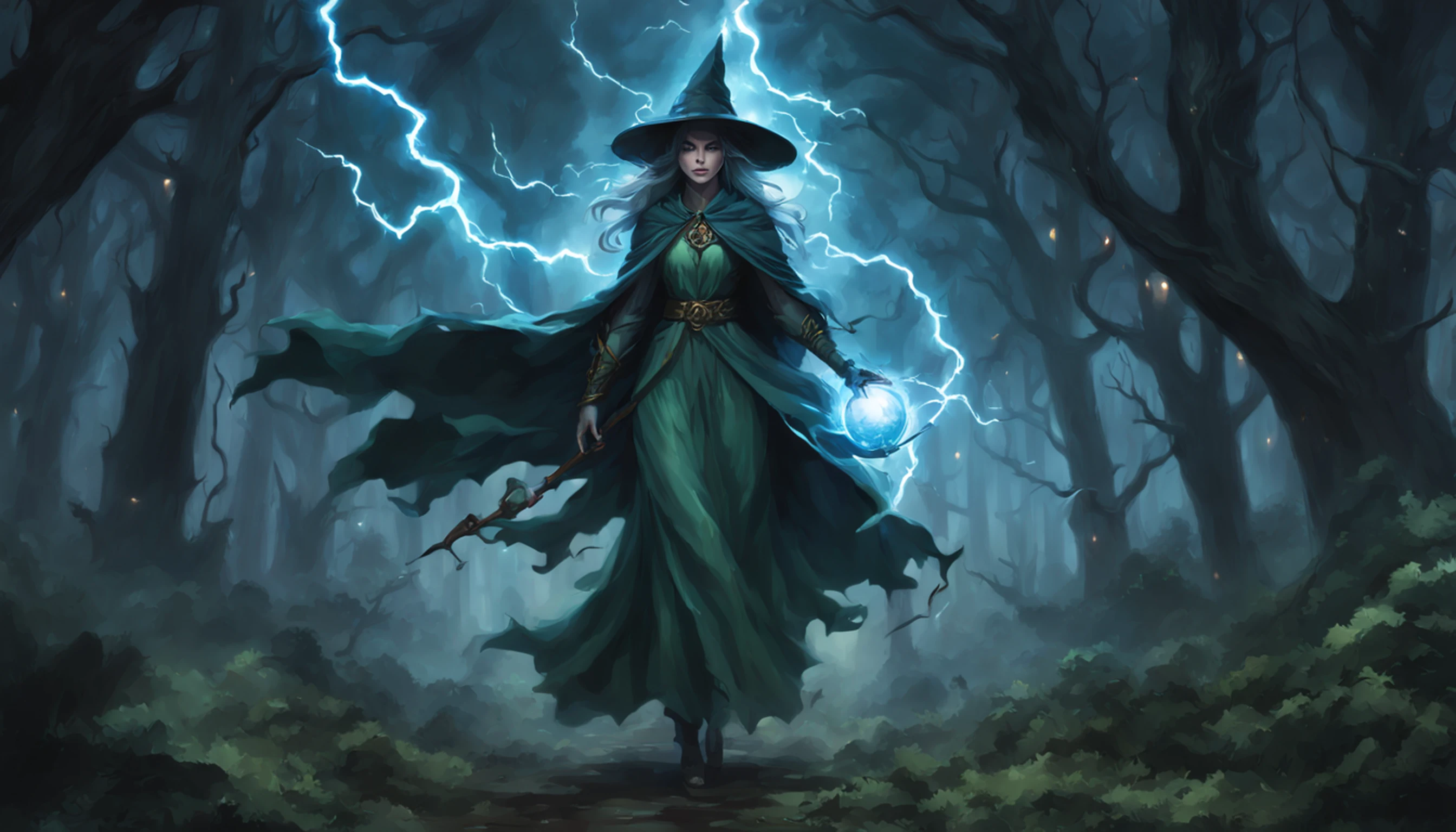 soul card, Linha, tiro completo (Front view), Classic Elder Witch Walking Through the Deep Forest, (night lightning)