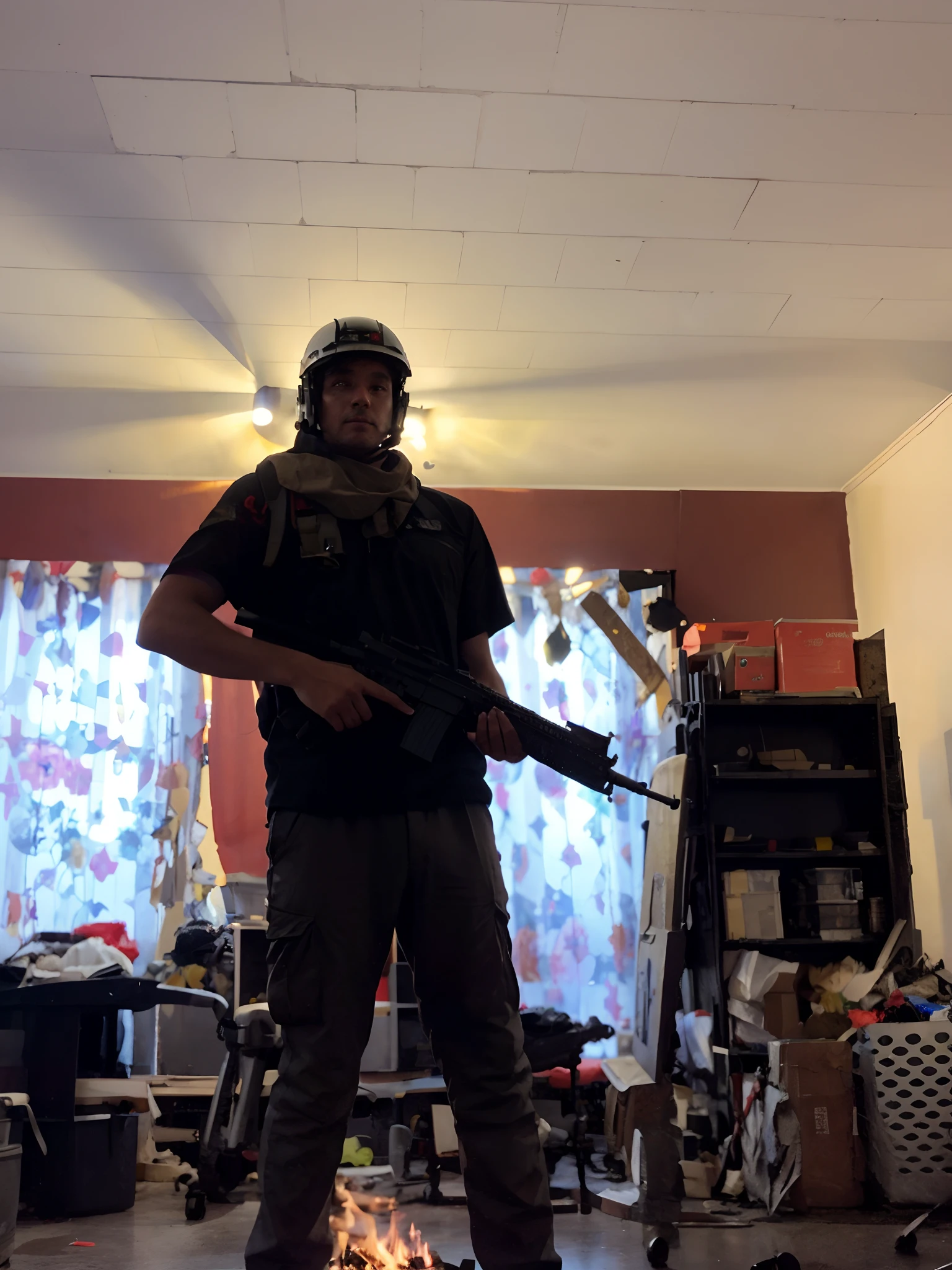 Man with assault rifle wearing helmet, mechanical wings. Battlefield in the background with fire and smoke