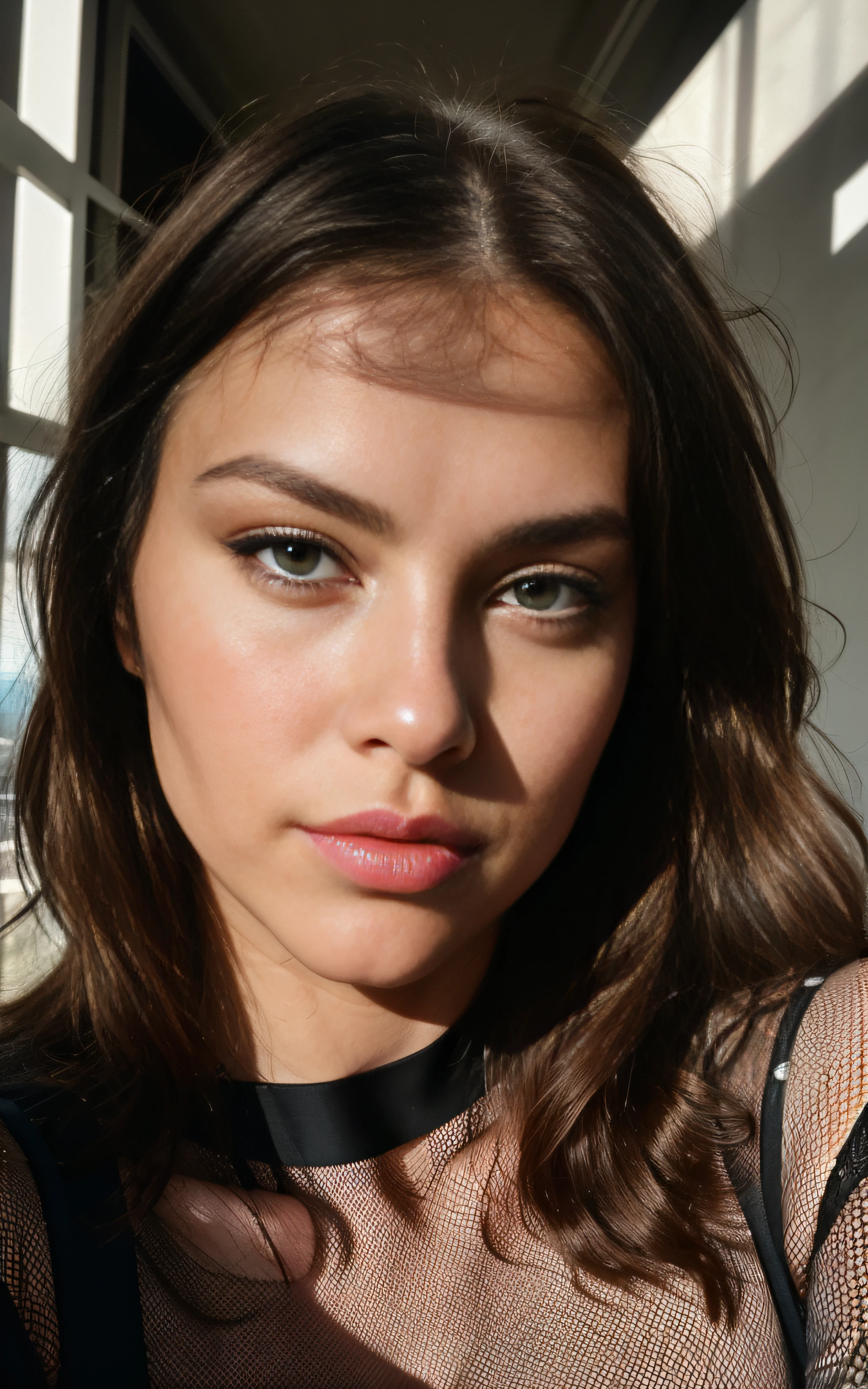 photorealistic, best quality, hyper detailed,, beautiful caucasian woman, selfie photo, upper body, solo, voluptuous, (sexy, ),analog style, looking at viewer, skin texture, film grain, close up, ultra high res, best shadow, RAW, instagram LUT(((net mesh SEXY)))