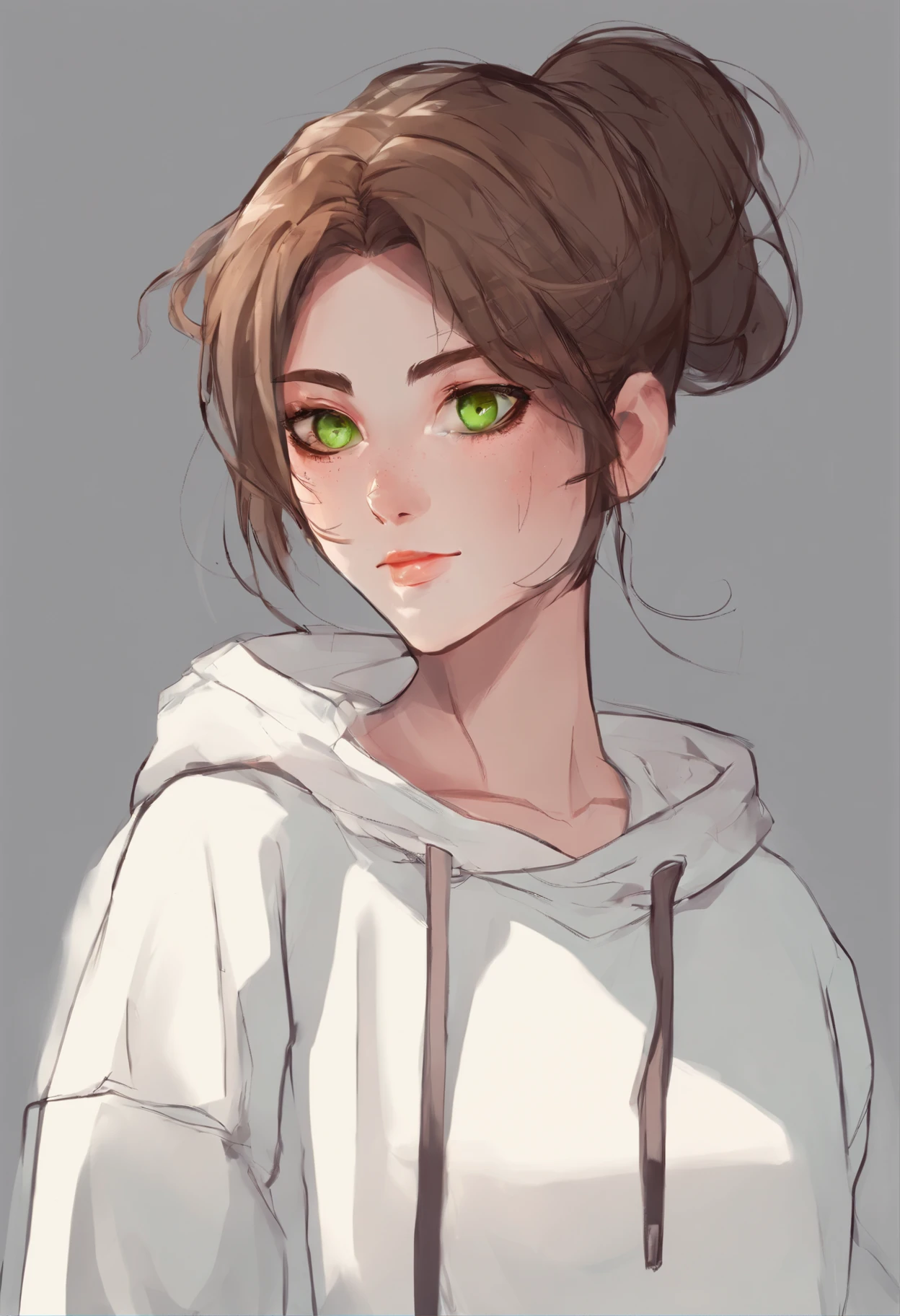 Brown hair anime girl, bun and green eyes face portrait. White sweatshirt
