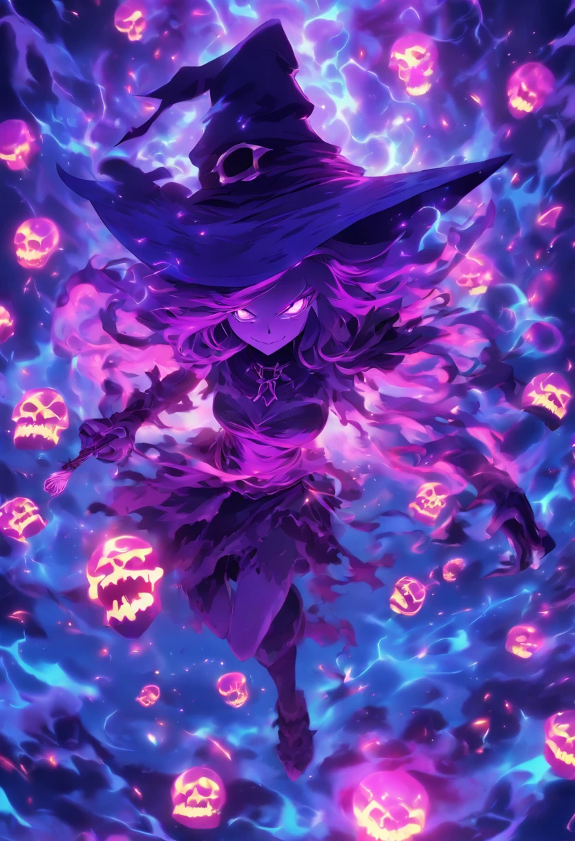 insane witch casting purple skull based glowing spells