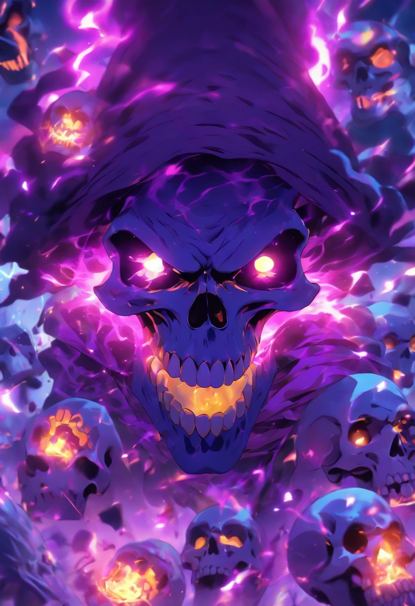 insane witch casting purple skull based glowing spells