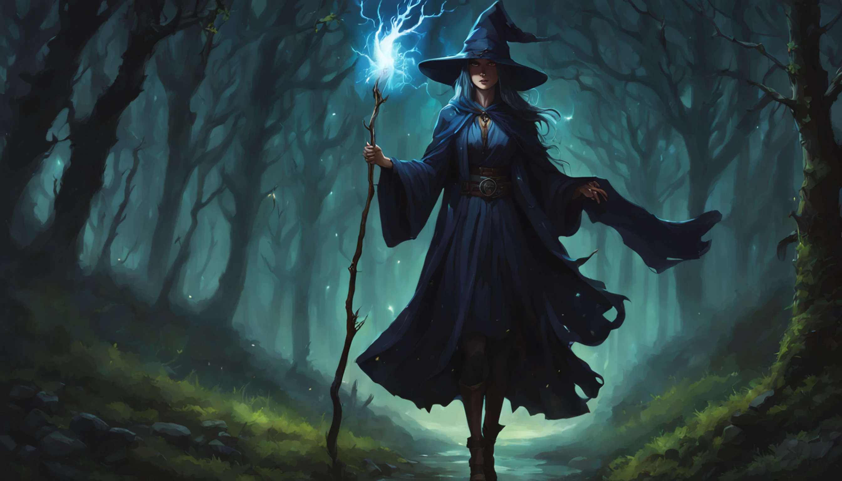 soul card, Linha, tiro completo (Front view), Classic Elder Witch Walking Through the Deep Forest, (night lightning)