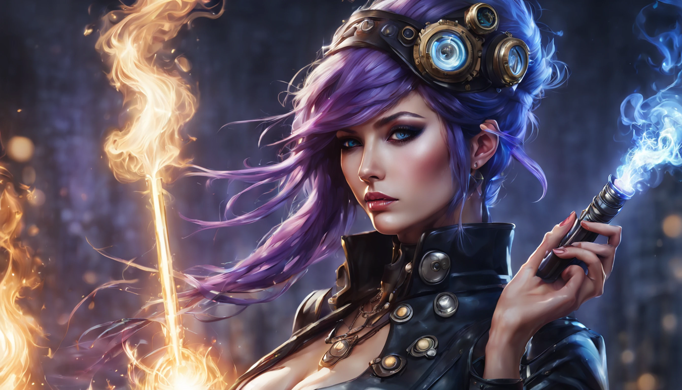 arte de fantasia, arte steampunk, Arte de RPG, fotografia, .RAW, , Melhor Detalhado, Imagem de uma mulher bruxa, Manipulating the Magic Blue Fire, mulher extremamente bonita (Melhor Detalhado, master part, hiper-realista: 1.5) cabelos loiros, cabelos ricos, cabelos ondulados, dynamic eye color, vestindo vestido preto e branco, vestindo capa branca, wearing pantyhose, usando botas de salto alto, lace-up boots, compor, fundo steampunk, ultra melhor realista, melhores detalhes, melhor qualidade, 16k, [ultra detalhado], master part, melhor qualidade, (extremamente detalhado), tiro ultra largo, fotorrealismo, profundidade de campo, pintura hiper realista, Runas brilhantes_Purple, fogo azul