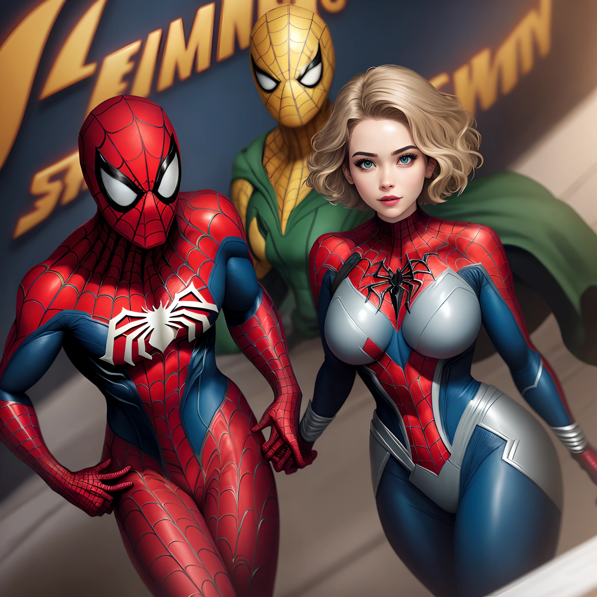 Make me a picture: painel quadrinhos marvel spiderman, Girl Messy Short Hair Dark Blonde, pele clara, roupa azul e olhos verdes