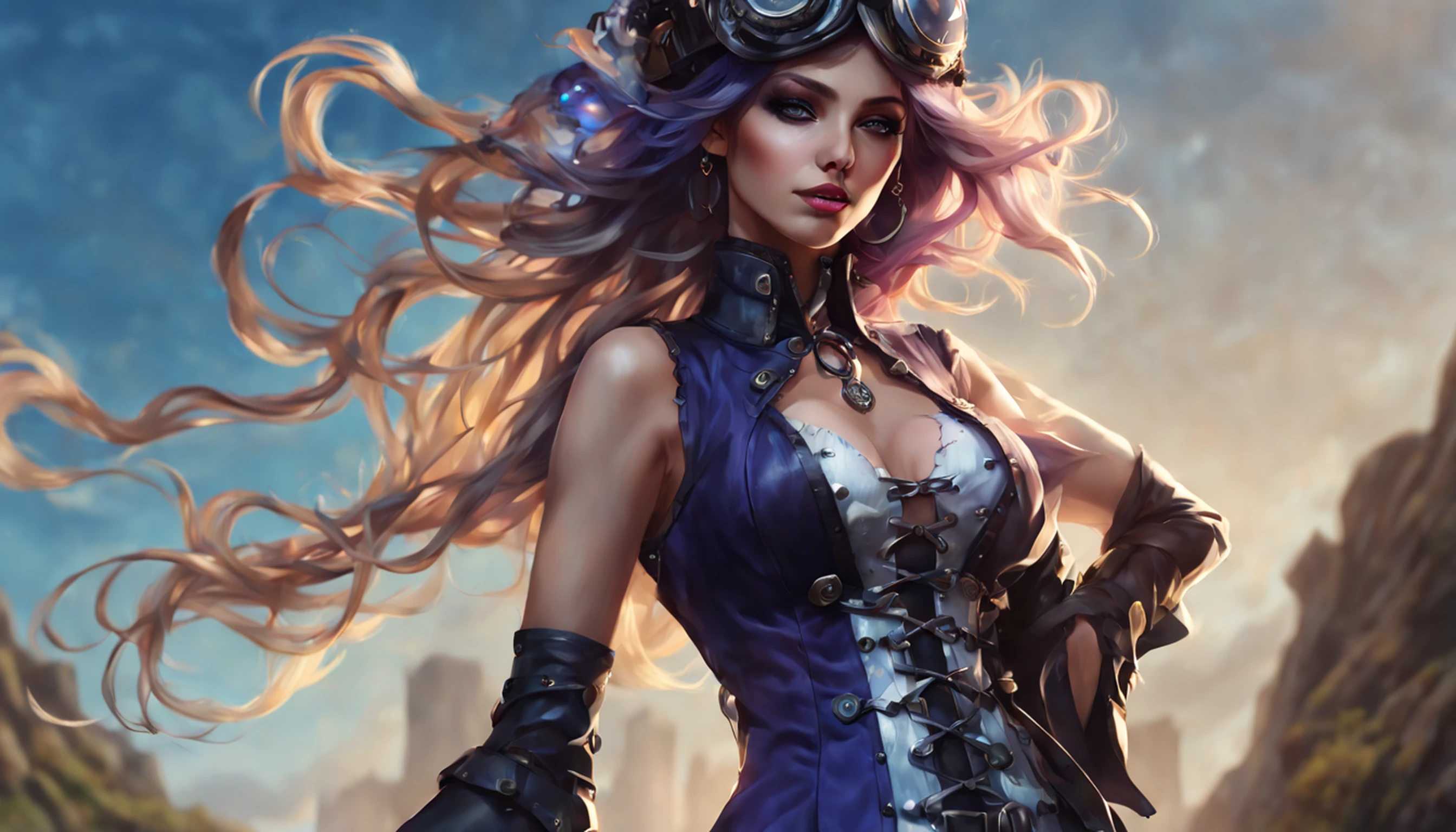 arte de fantasia, arte steampunk, Arte de RPG, fotografia, .RAW, , Melhor Detalhado, Imagem de uma mulher bruxa, Manipulating the Magic Blue Fire, mulher extremamente bonita (Melhor Detalhado, master part, hiper-realista: 1.5) cabelos loiros, cabelos ricos, cabelos ondulados, dynamic eye color, vestindo vestido preto e branco, vestindo capa branca, wearing pantyhose, usando botas de salto alto, lace-up boots, compor, fundo steampunk, ultra melhor realista, melhores detalhes, melhor qualidade, 16k, [ultra detalhado], master part, melhor qualidade, (extremamente detalhado), tiro ultra largo, fotorrealismo, profundidade de campo, pintura hiper realista, Runas brilhantes_Purple, fogo azul
