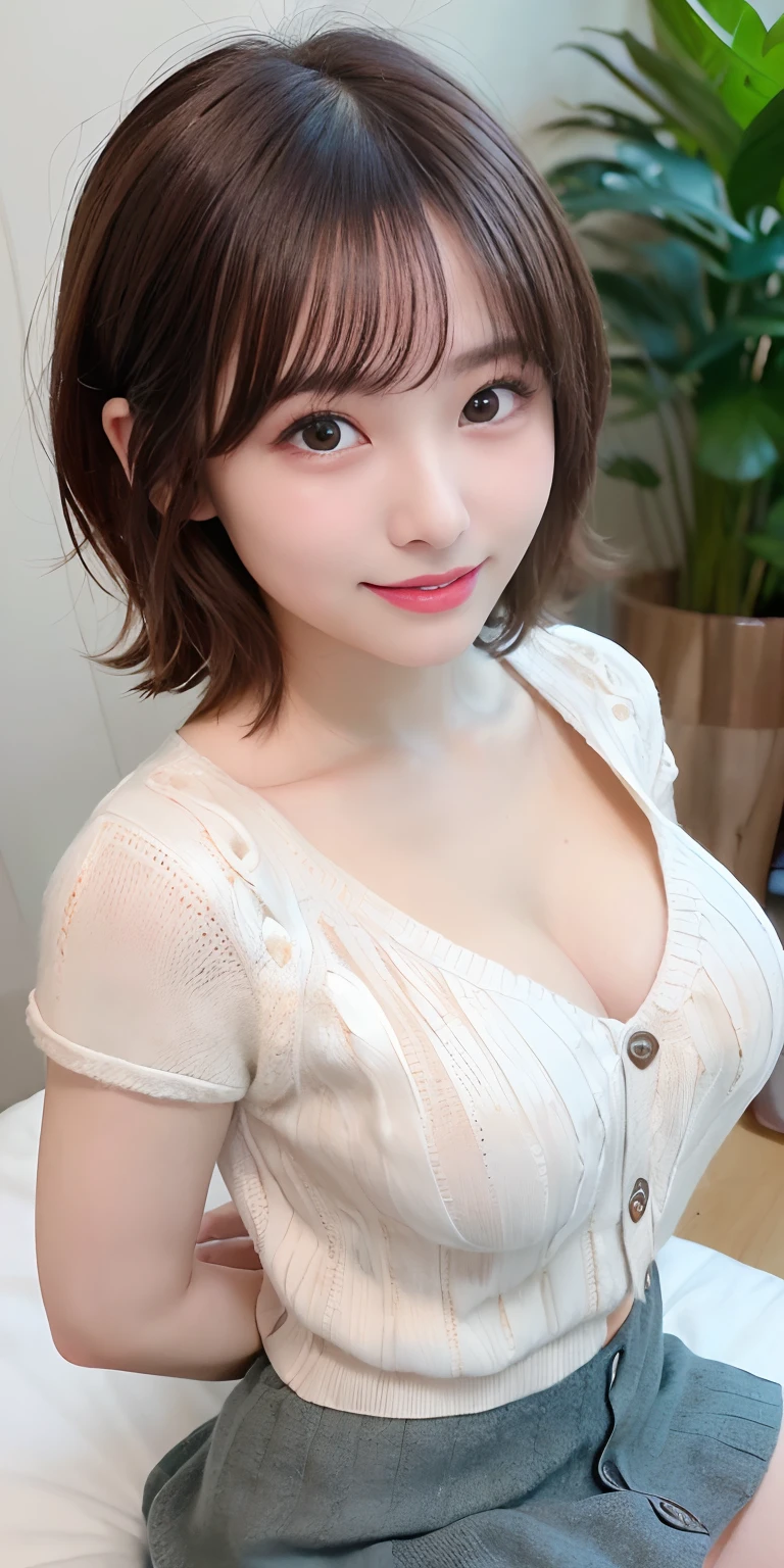 masutepiece, Best Quality, 
Ultra-detailed, finely detail, hight resolution, in 8K,
((Photorealsitic:1.4, Raw photography, 超A high resolution,Top image quality: 1.4)),
Wallpaper, 
((Perfect whole body configuration1.5)), 
((Beautiful detailed eyes, Natural Color Lip、Clean face、Gaze staring at the camera、Lashes、big eye、Distinct double eyelids、Tear mole、glowy skin、Clean skin quality、lipgloss)),
((A big smile:1.5)),
((Random cute hairstyles and hair color and close up)), 
((Short-length knitwear that shows the chest:1.5)),
((Random Color Micro Mini Skirt:1.5)),((large breasts size、cleavage of the breast:1.2)),
((((Hands behind your back:1.5)))),
((Sit cross-legged on the bed:1.5)),
((breastsout、under look eyes、Mole on the arm:1.6)),
((from the front side)),
((Random blurry background)),
((Random and cute facial expressions:1.5)),, 
((((1人の女性:1.5))))
very detailed and professional lighting、
((thigh visible:1.5))