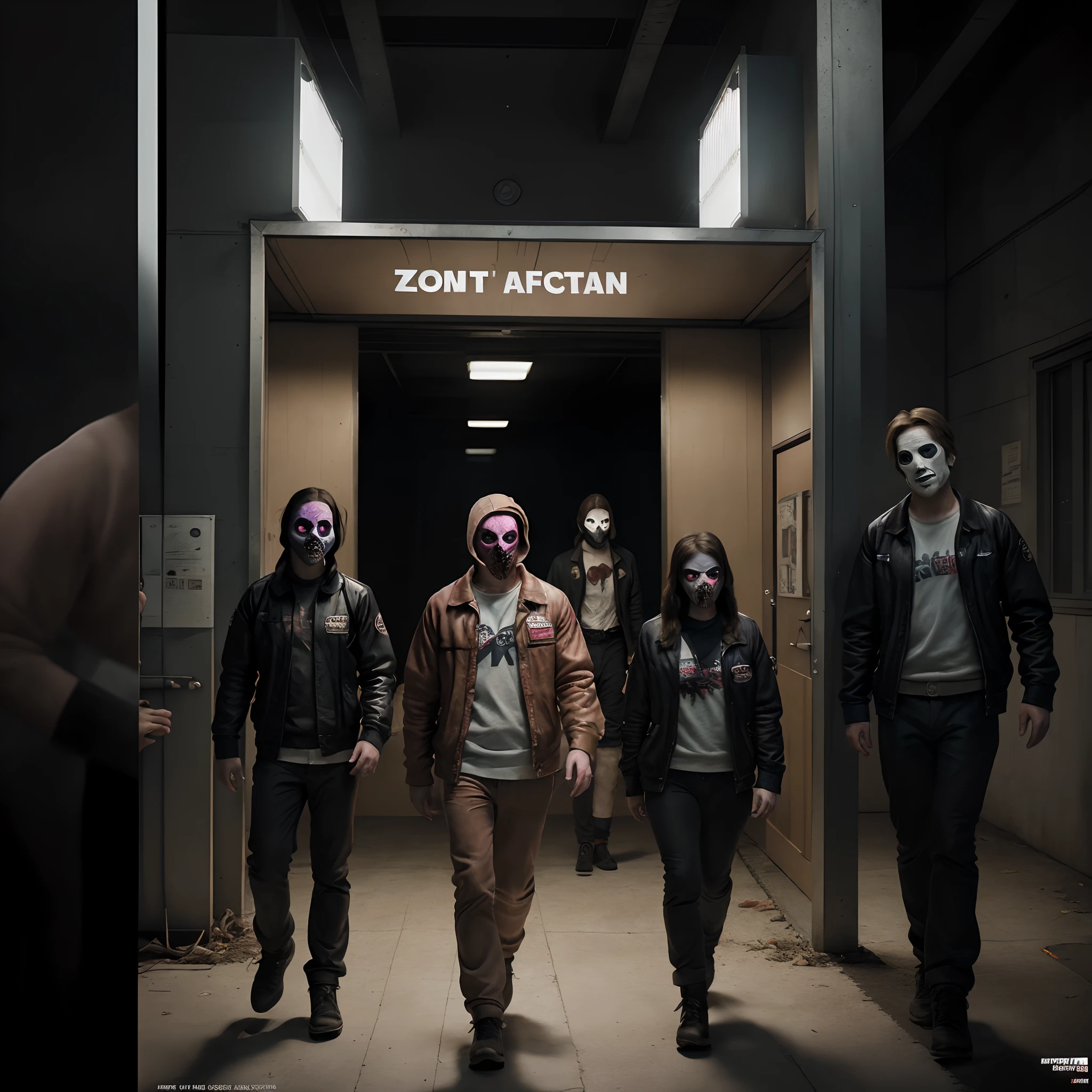 group of students at  university in zombie apocalypse awith masks , with university clothes,  their faces hidden because of the dark and shadow., All that appears is 9 people in the dark: 5 males and 4 females with official artwork, faces, official fanart, album cover concept art, side profile artwork, epic album art cover, spasms, epic album cover, highly detailed exquisite fanart, fan art, official poster artwork, next gen, parachutes,  poster, movie artwork, starring marty mcfly