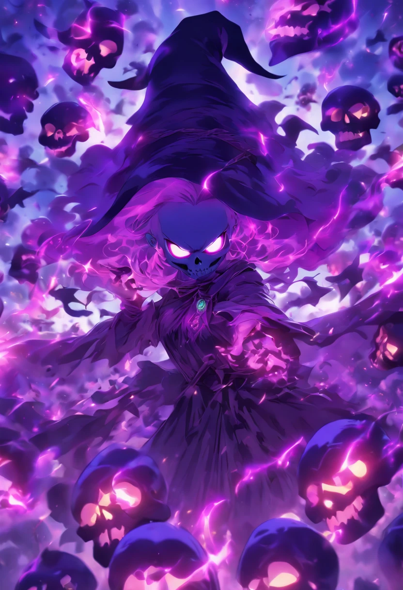 insane witch casting purple skull based glowing spells