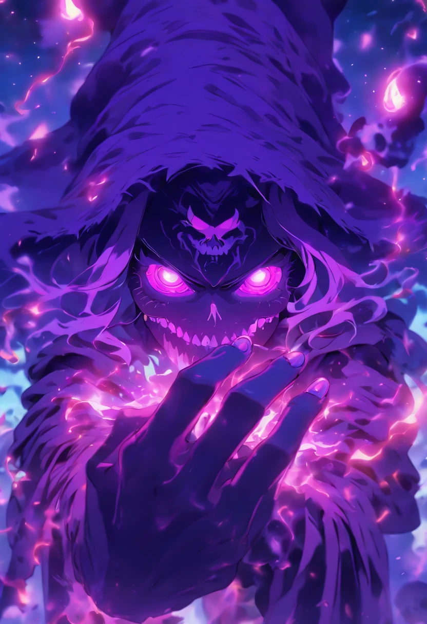 insane witch casting purple skull based glowing spells