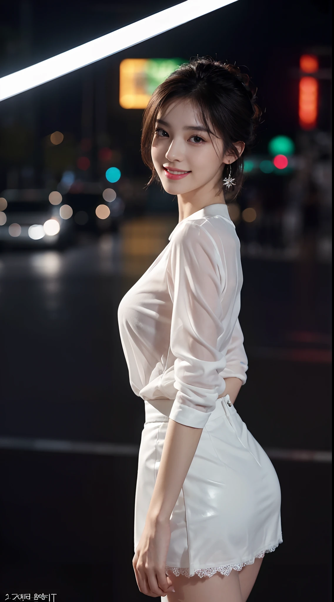 8k, masterpiece, RAW photo, best quality, photorealistic, extremely detailed CG unity 8k wallpaper, Depth of field, Cinematic Light, Lens Flare, Ray tracing, (extremely beautiful face, beautiful lips, beautiful eyes), intricate detail face, ((ultra detailed skin)) 1girl, in the dark, deep shadow, pretty korean girl, kpop idol,(very slim slender fit-muscled body:1.3), ((looking at viewer)),(big smile:1.3), (night, (neon sign), (blurry background), midnight, (without people in the background:1.3), pretty korean girl, white diamond earrings, bracelets, necklace, clear eyes, walking , front shot, (pale skin), face forward, (big eyes), full body shot, ((see through blouse)), (hot pink color blouse)), ((laced skirt)), (looking at viewer:1.3), very slim, medium breasts, Hermes bag, tight mini skirt, updo hair, short hair, medium butts