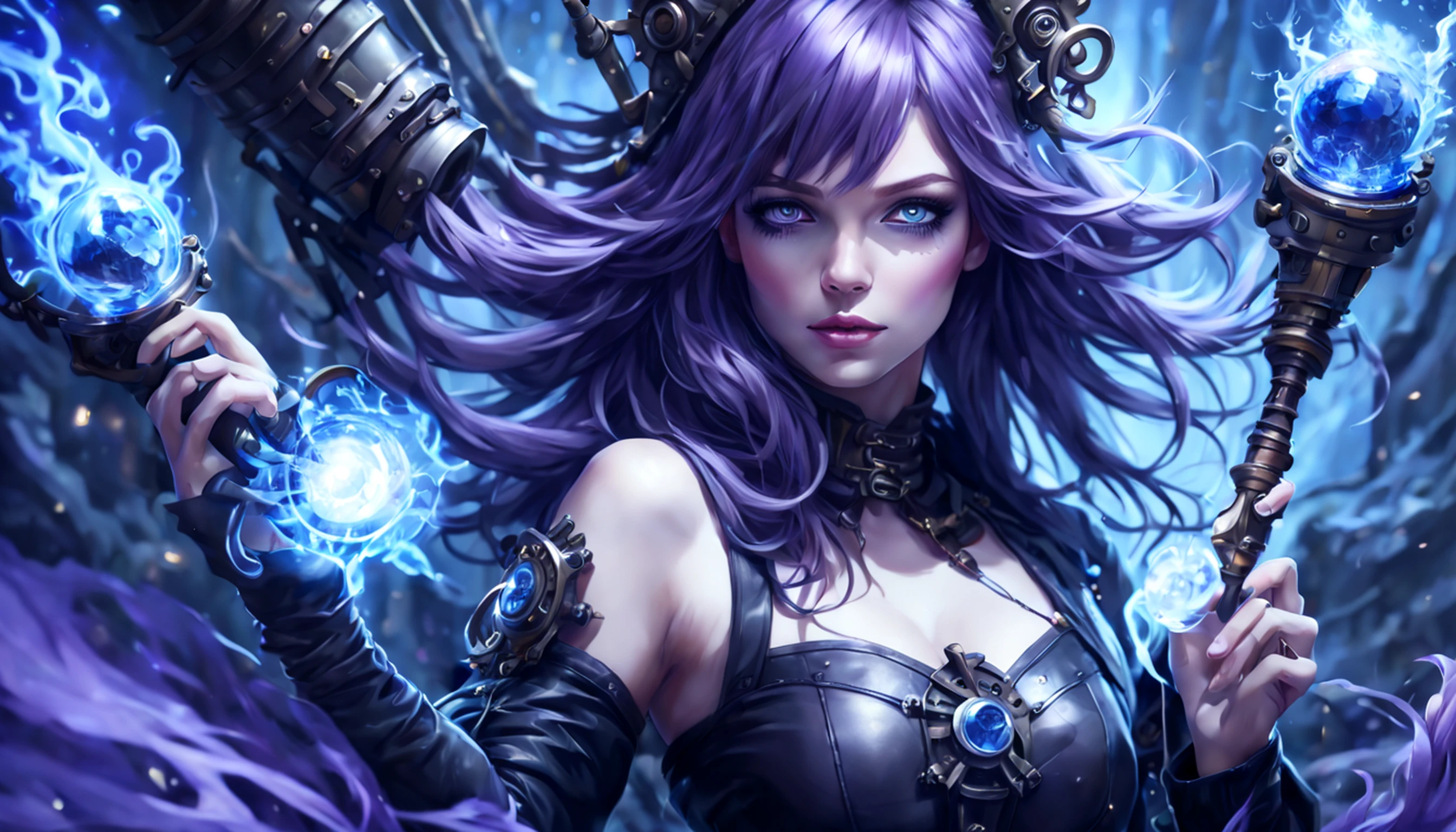 arte de fantasia, arte steampunk, Arte de RPG, fotografia, .RAW, , Melhor Detalhado, Imagem de uma mulher bruxa, Manipulating the Magic Blue Fire, mulher extremamente bonita (Melhor Detalhado, master part, hiper-realista: 1.5) cabelos loiros, cabelos ricos, cabelos ondulados, dynamic eye color, vestindo vestido preto e branco, vestindo capa branca, wearing pantyhose, usando botas de salto alto, lace-up boots, compor, fundo steampunk, ultra melhor realista, melhores detalhes, melhor qualidade, 16k, [ultra detalhado], master part, melhor qualidade, (extremamente detalhado), tiro ultra largo, fotorrealismo, profundidade de campo, pintura hiper realista, Runas brilhantes_Purple, fogo azul