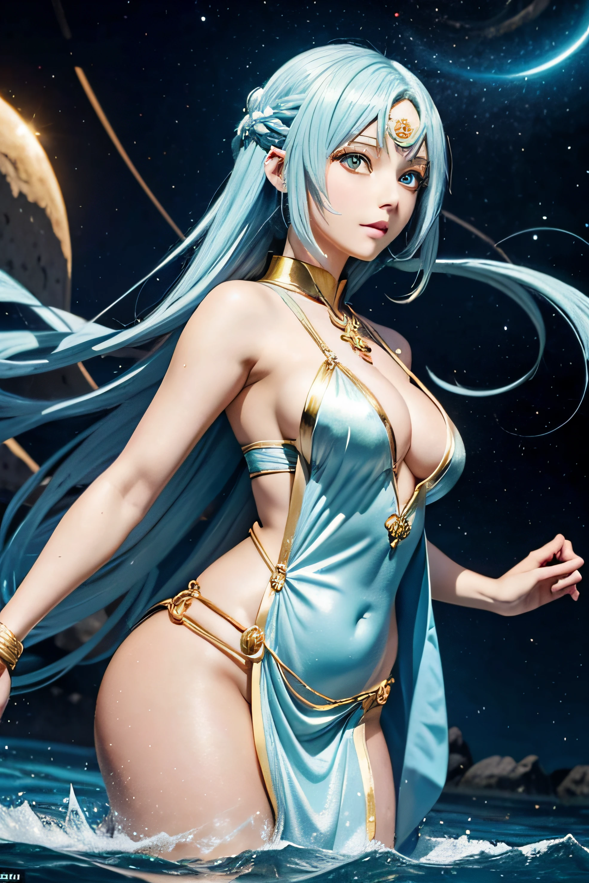 Mulher anime com cabelo azul e capa branca, Naiad with glowing golden eyes, Estilo de arte ufotable, com olhos brilhantes, com olhos dourado brilhantes, Tempest Rimuru, veste um fino manto comprido, wearing flowing robes, flowing white robes, vestindo manto azul, Personagem de anime feminino, vestindo grego um manto simples, mulher grega, Ninfa sentada perto de uma lagoa, divindade de cabelos azuis