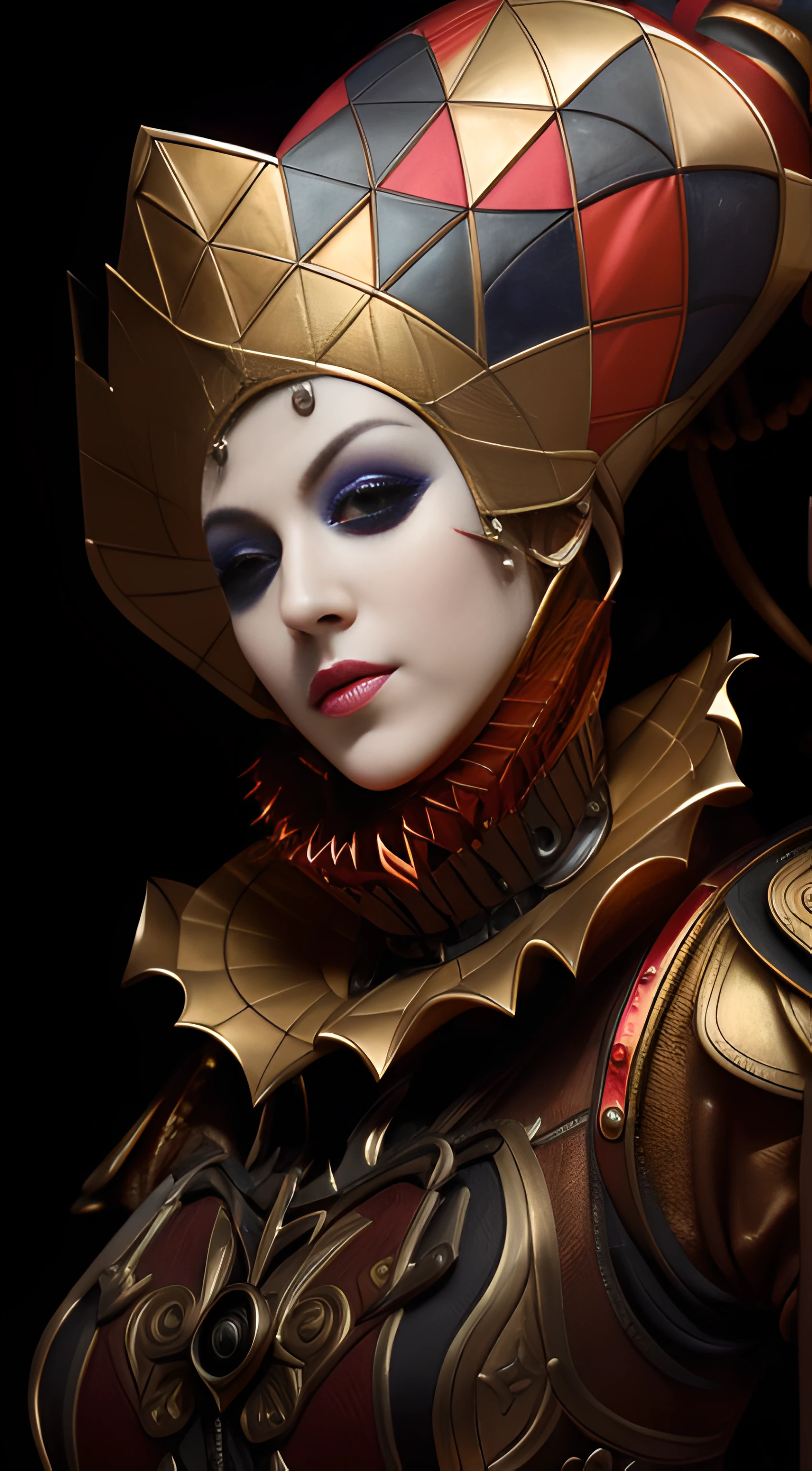 Arafed woman in a costume with a mask and a hat, adrian borda, Retrato de una reina cyborg, Karol behind UHD, Photographic portrait of queen's chess piece, Sergei Vasnev, Tomasz Alen Kopera y CGsociety, hyperrealistic fantasy art, Michael Caballo (Motor irreal, Court jester in the Renaissance era, Mujer extraordinariamente detallada