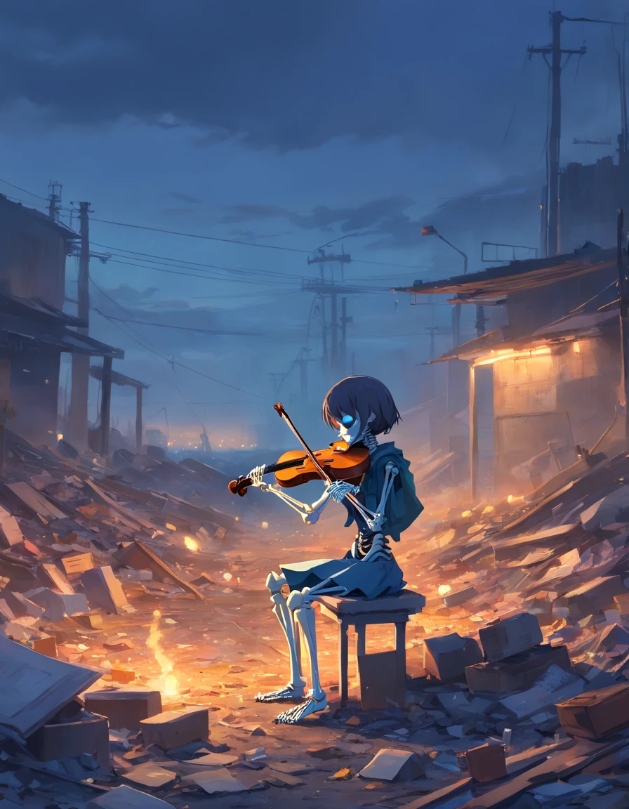 skeleton playing violin far away, in a landfill, eerie atmosphere, Messy painting, brushstrokes, landscape, no people, minimalist, Foggy neutral tones, compelling composition, bokeh