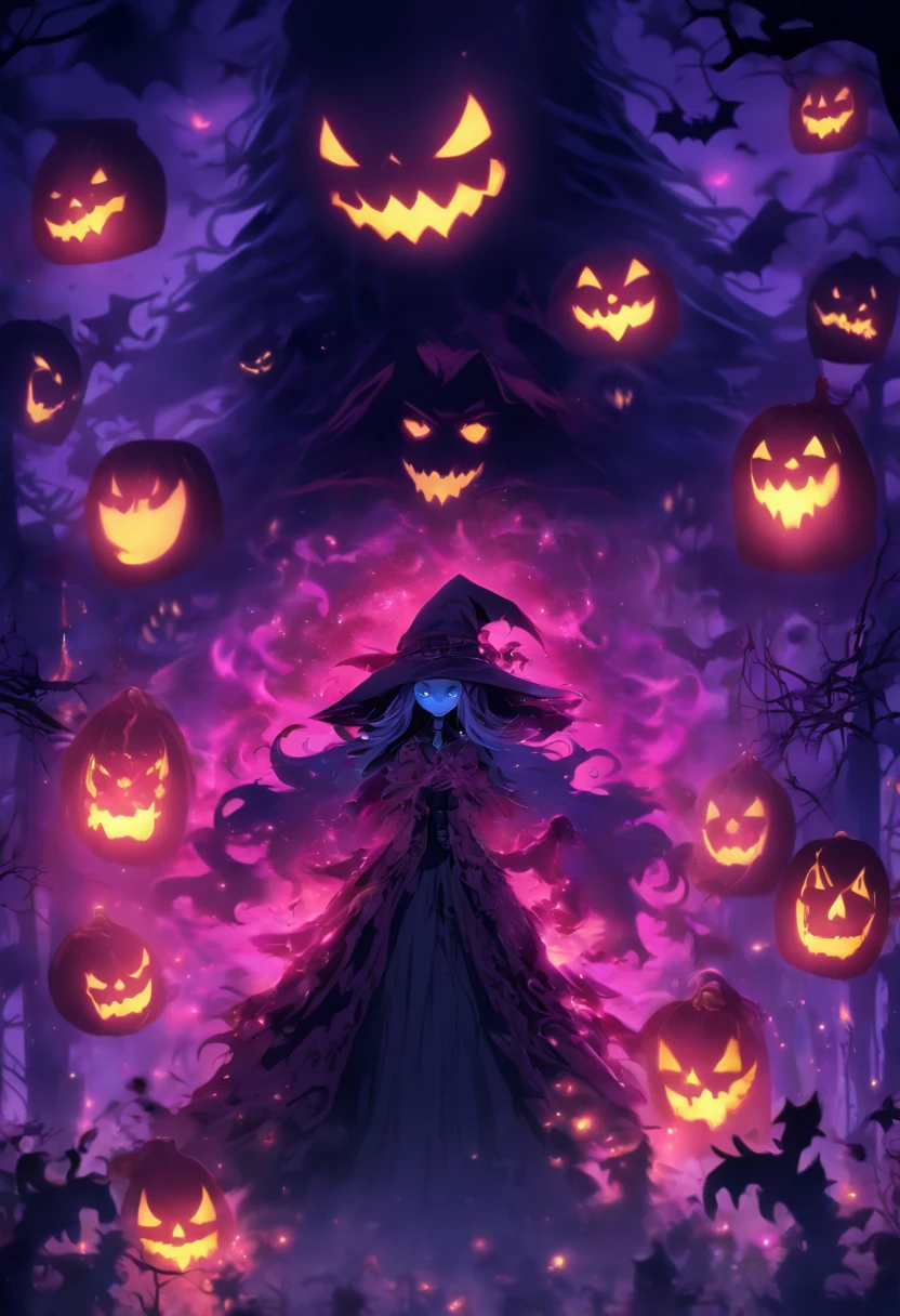 (best quality,4k,highres),(realistic:1.37),ultra-detailed,gloomy,horror,witch,insane,casting,purple skull based glowing spells,dark forest,moonlight,thick fog,bats flying,burning candles,spellbook,spider webs,broomstick,witch hat,long wavy hair,piercing eyes,pale face,creepy smile,demonic ritual,enchanted potions,mystical symbols,cackling laughter,haunted atmosphere,ominous shadows,hauntingly beautiful,otherworldly,macabre,spooky,gothic,nightmare-inducing,terrifying。
