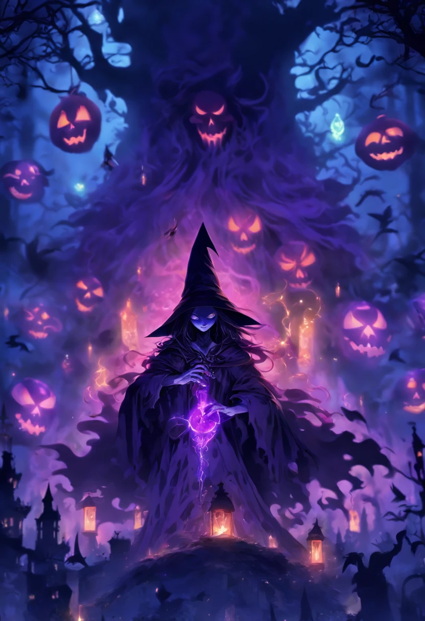 (best quality,4k,highres),(realistic:1.37),ultra-detailed,gloomy,horror,witch,insane,casting,purple skull based glowing spells,dark forest,moonlight,thick fog,bats flying,burning candles,spellbook,spider webs,broomstick,witch hat,long wavy hair,piercing eyes,pale face,creepy smile,demonic ritual,enchanted potions,mystical symbols,cackling laughter,haunted atmosphere,ominous shadows,hauntingly beautiful,otherworldly,macabre,spooky,gothic,nightmare-inducing,terrifying。