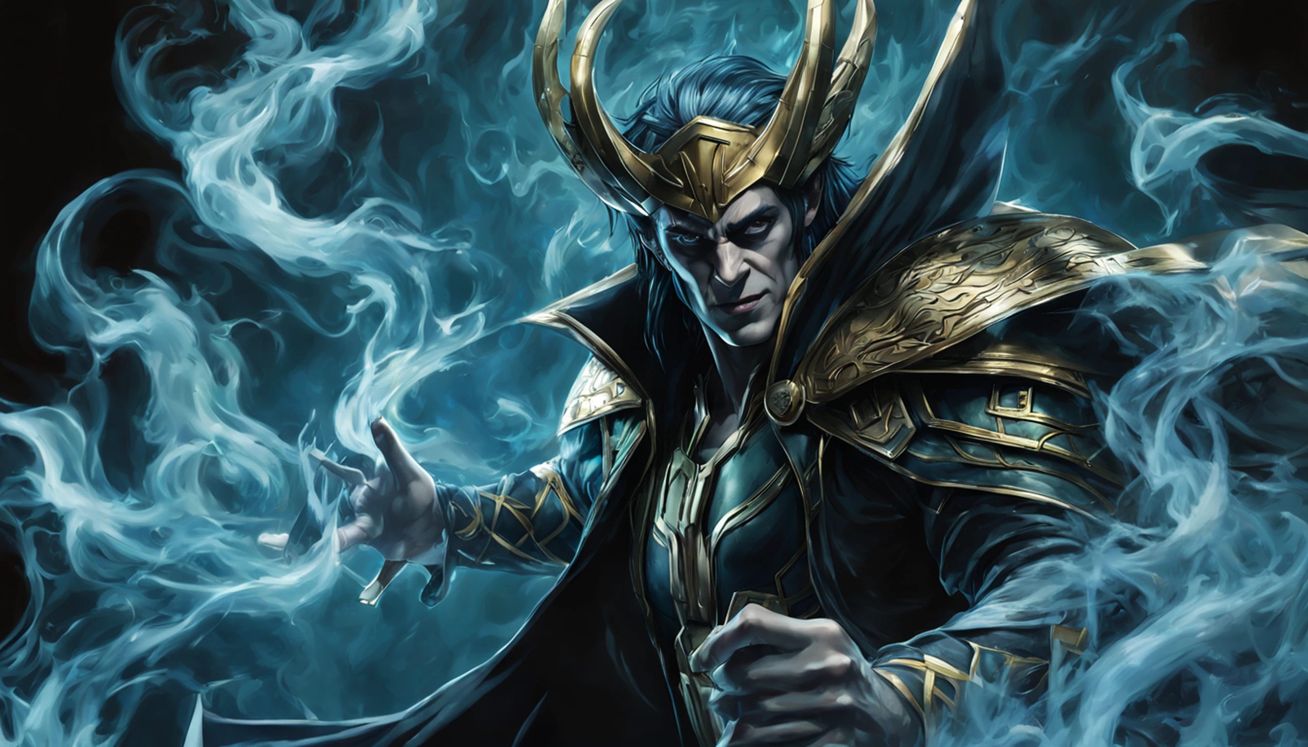 fechar para cima, Loki из Marvel Comics, ghost, Escuro, lo gothic, ..3d, ultra detalhado, blue transparent smoke around, estilo realista, Lagoa da Noite Velha, corpo inteiro,
