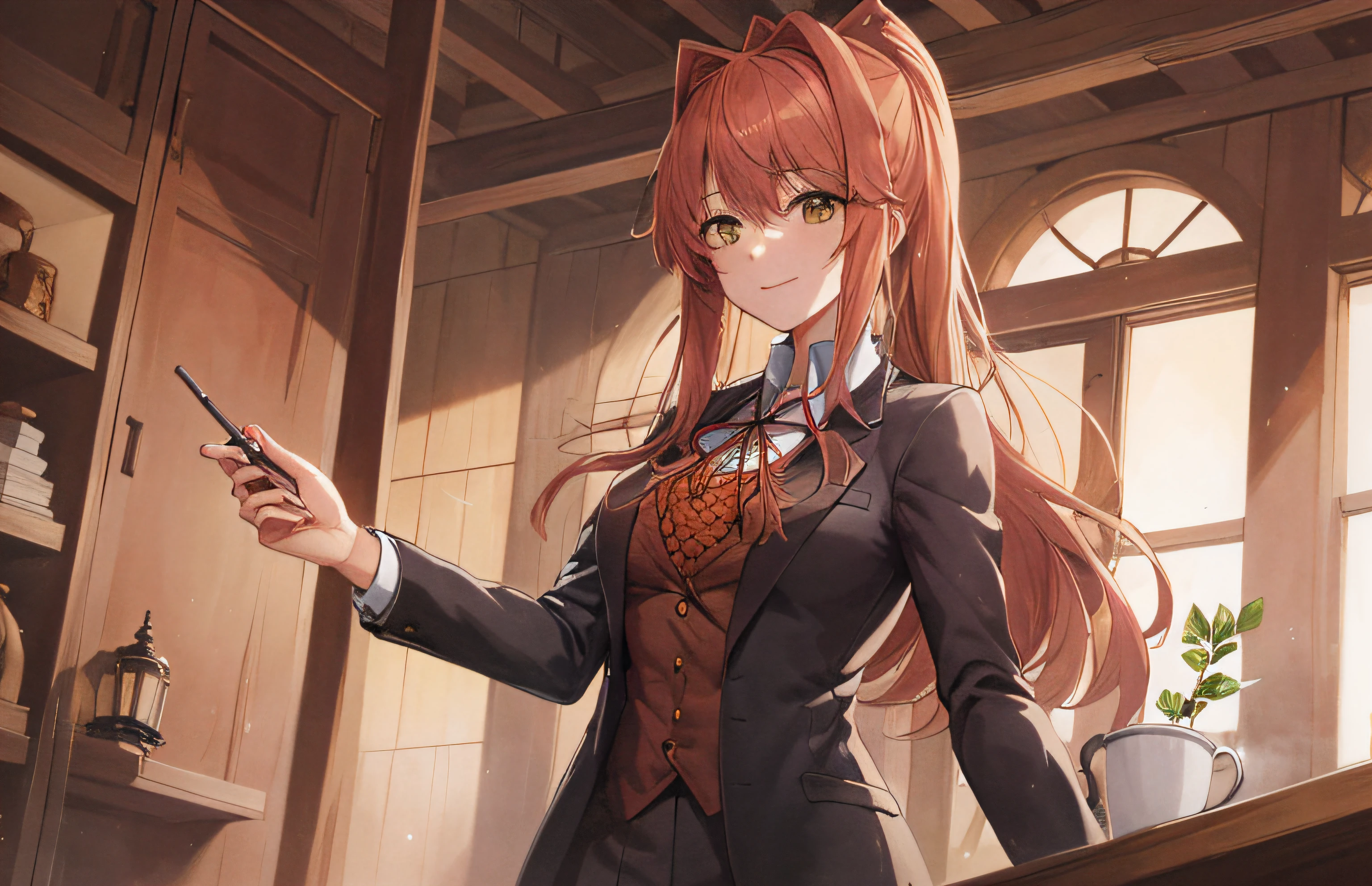 2d, obra maestra, mejor calidad, anime, muy detallado, tiro de vaquero, 1 girl in, solo, monika, ojos verdes, pelo muy largo, cola de caballo, uniforme escolar, en pie, recto, sonrisa, fondo blanco, fondo simple, medieval.