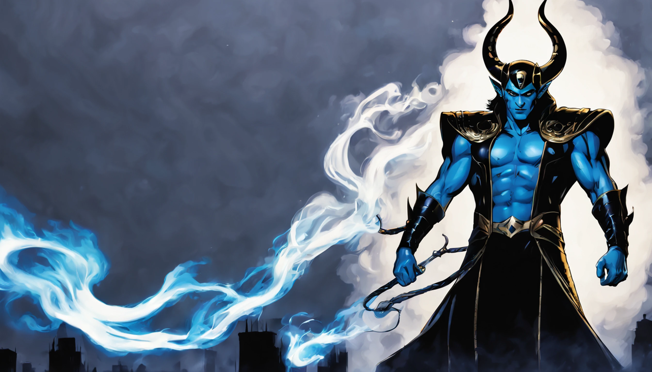 fechar para cima, Loki из Marvel Comics, ghost, Escuro, lo gothic, ..3d, ultra detalhado, blue transparent smoke around, estilo realista, Lagoa da Noite Velha, corpo inteiro,
