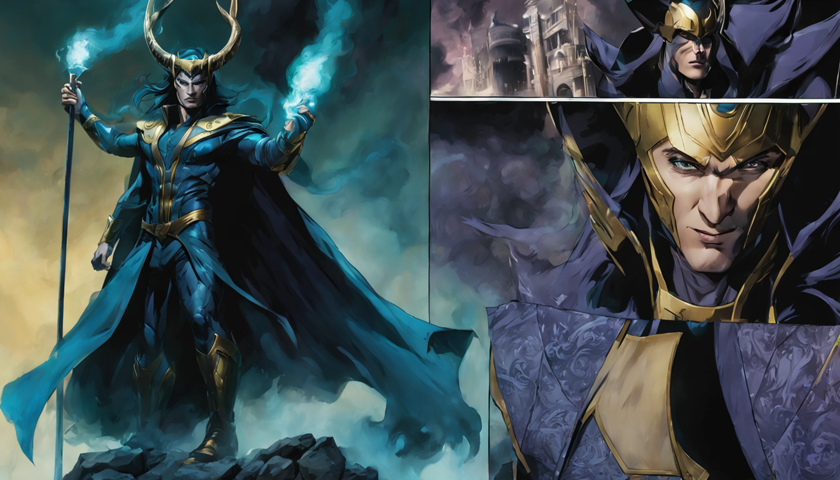fechar para cima, Loki из Marvel Comics, ghost, Escuro, lo gothic, ..3d, ultra detalhado, blue transparent smoke around, estilo realista, Lagoa da Noite Velha, corpo inteiro,