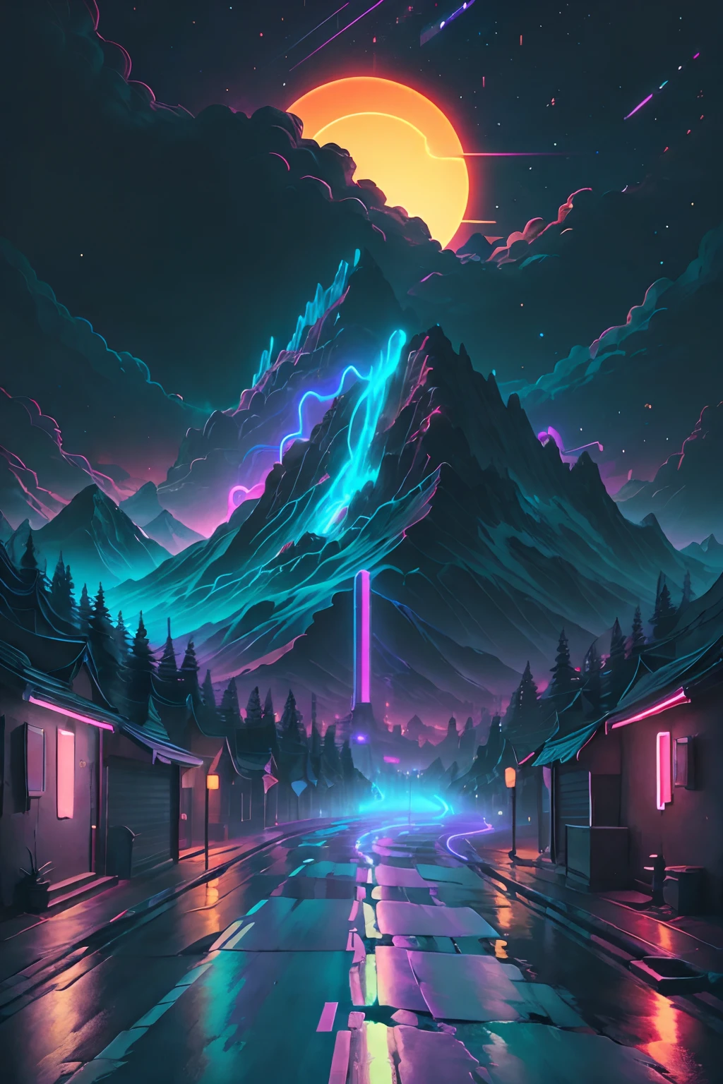 retrowave.  road,  purple neon lights, sun, mountain, 
(masterpiece,detailed,highres),