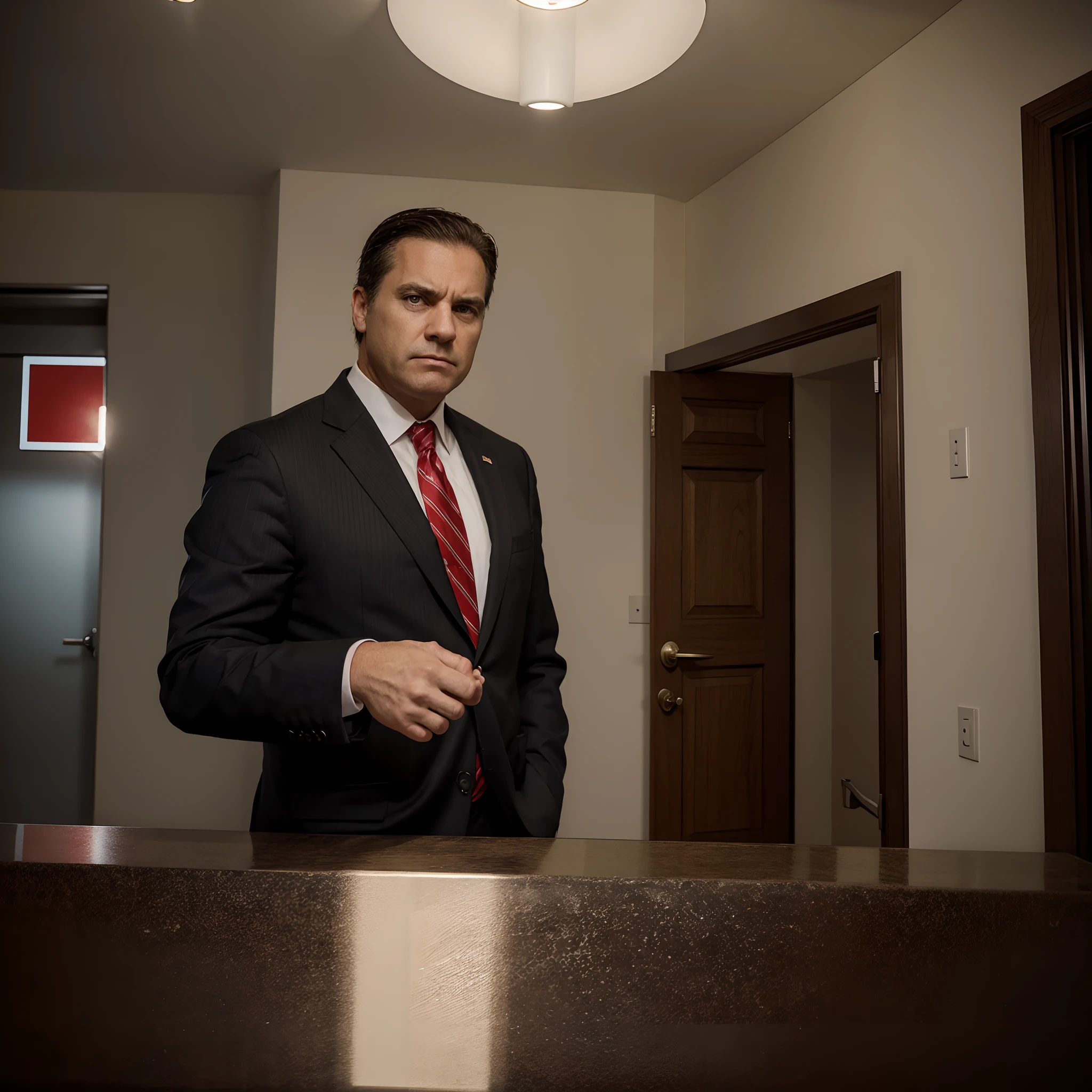 American businessman/American Resident With Hate And Angry Look Looking And Pointing To Right Corner