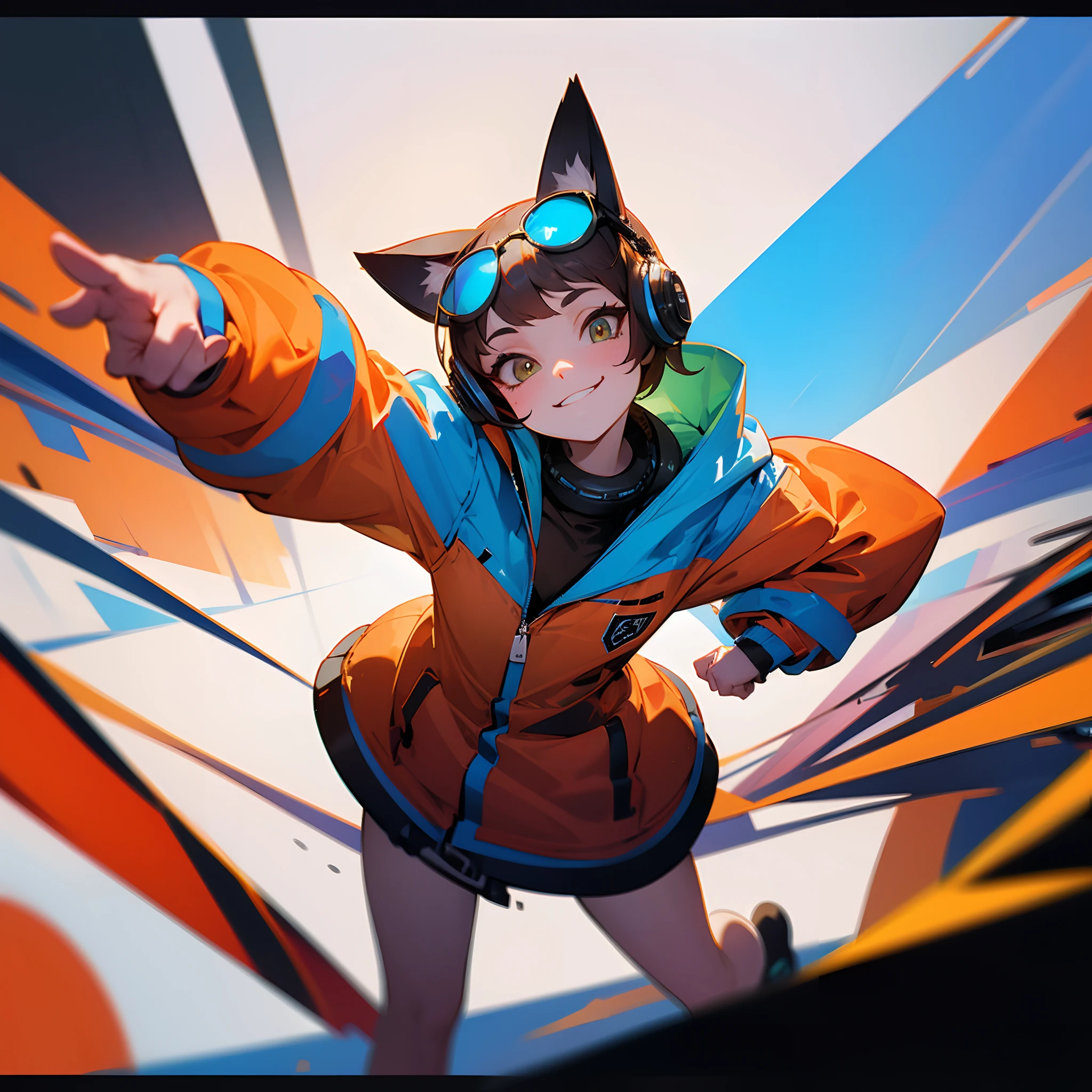 Perfect centering, Cute little cat, Wear a jacket, Wearing sunglasses, Wearing headphones, cheerfulness, Standing position, Abstract beauty, Centered, Looking at the camera, Facing the camera, Approaching perfection, Dynamic, Highly detailed, Smooth, Sharp Focus, 8K