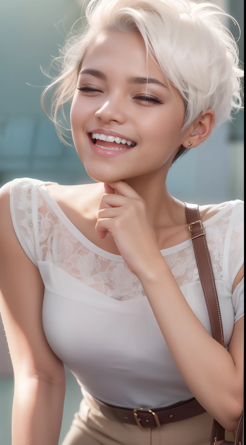 Malay girl, very short white hair, pixie cut hair, wear Artsy style outfit, laughing and posing with hand on head, touching her own head, wear handbag, from back view, windy, detail skin, age spot, detail skin texture, mole below eyes, small breast, flat chest, wide hips, small waists, thick thighs, slim, beautiful body, nighttime, laughing, happy, bright lighting, location: mall, blur background, bokeh, 8k,