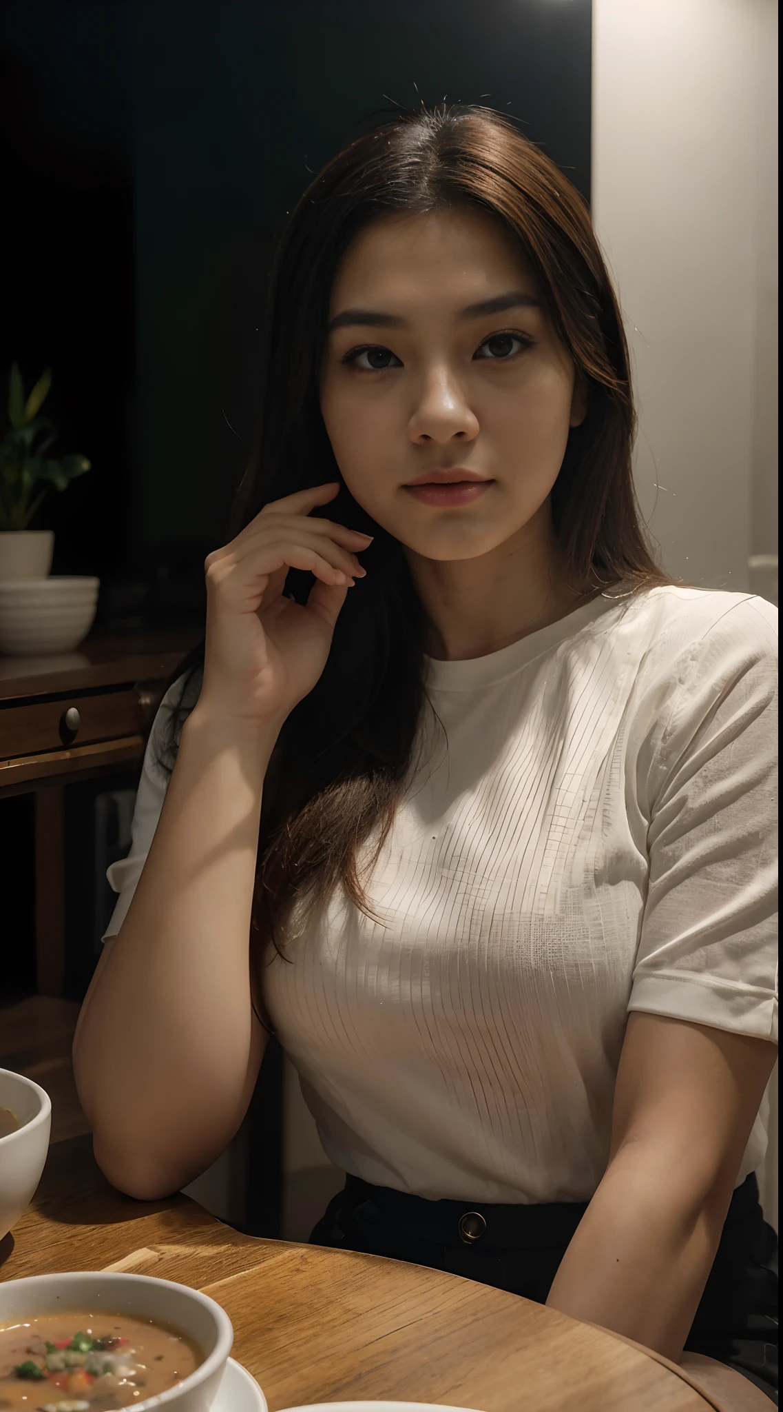 A 20-year-old Asian woman sitting at table with a plate of soup, looking at the camera, photo shoot, Motor Unreal 5, cinemactic, color grading, fotografia de retrato, Ultra Grande Angular, profundidade de campo, hiperdetalhe, lindamente codificado por cores , detalhes insanos, detalhes intrincados, beautiful color grading, Motor irreal, cinemactic , color grading, Fotografia Editorial, fotografia, Fotografia com lentes acima de 70mm, profundidade de campo, DOF, Tilt Blur, Velocidade do obturador 1/1000 , F/22, White balance, 32k, super resolution, Megapixel, Pro Foto RGB, SEX, lone, Bom, Massive, Meia luz de fundo, luz de fundo, natural lighting, Incandescente, fiber optics, ambient lighting, Cinematic lighting, Lighting Studio, soft lighting, volumetric, Dia do Conto, beautiful lighting, highlight lighting, Global lighting, screen lighting, global ilumination, Ray Tracing global