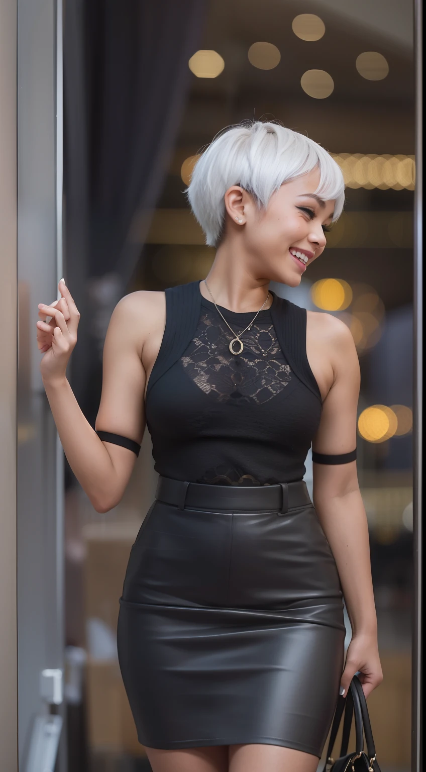 Malay girl, very short white hair, pixie cut hair, wear Artsy style outfit, laughing and posing with hand on head, touching her own head, wear handbag, from back view, windy, detail skin, age spot, detail skin texture, mole below eyes, small breast, flat chest, wide hips, small waists, thick thighs, slim, beautiful body, nighttime, laughing, happy, bright lighting, location: mall, blur background, bokeh, 8k,