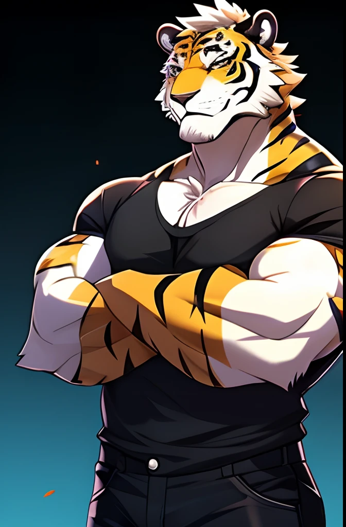 Heitor, tigre, albino, masculino, Villanious, alto, forte, musculoso, olhos verdes grandes e elegantes, com camiseta preta justa, black jeans pants, sapatos all star pretos, corpo inteiro, standingn, de frente, folded arms, cold expression, olhar debochavel, meio sorriso, encarando o telespectador, fundo escuro, estilo anime