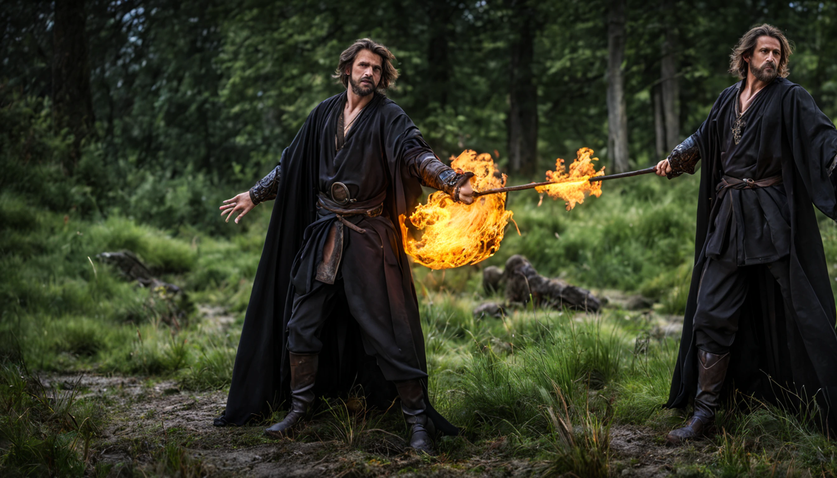 animal，modelshoot style, (extremely detailed CG unity 8k wallpaper),  Middle ages, druid，human，male，middle-aged，Tattered clothes，black silk robe,  nature magic, medieval era, , countryside, action pose, casting a spell，