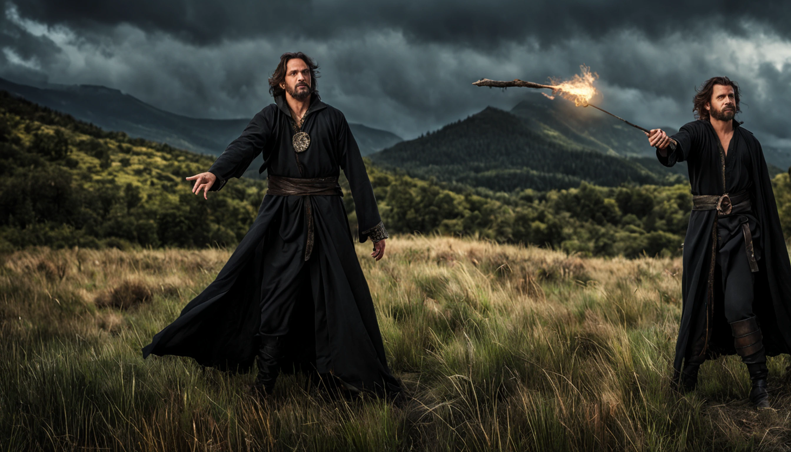 animal，modelshoot style, (extremely detailed CG unity 8k wallpaper),  Middle ages, druid，human，male，middle-aged，Tattered clothes，black silk robe,  nature magic, medieval era, , countryside, action pose, casting a spell，