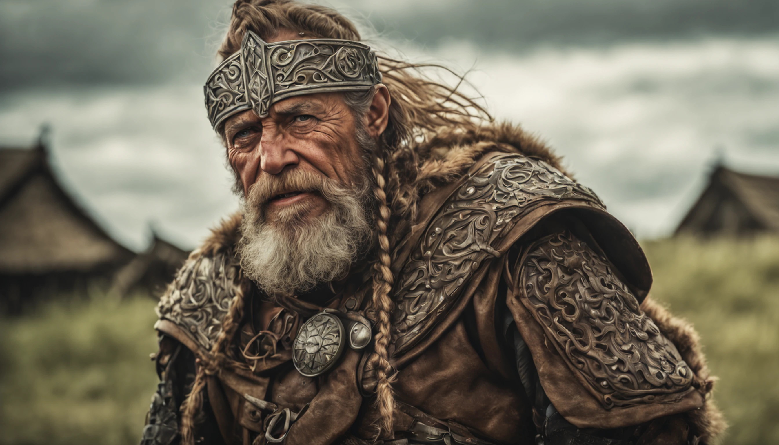 (Mais alta qualidade:1.3), Cinematographic photo, obra-prima, (foco nítido:1.5), (fotorrealista:1.3), Medium portrait of (a tired-looking old Viking warrior, mas ainda orgulhoso e feroz, now the leader of his village, vestido com correntes elaboradamente detalhadas e armadura de couro, algumas tochas queimam nas paredes, giving the scene a dark atmosphere, mas esculpindo as formas em chiaroscuro afiado), it's nocturnal, (pele altamente detalhada), (rosto detalhado), fundo detalhado, dark ilumination, twilight lighting, volumeric lighting, detalhes intrincados, UHD, splash art, arte de artgerm e greg rutkowski e viktoria gavrilenko, sorriso assustador, luz roxa, thirds rule
